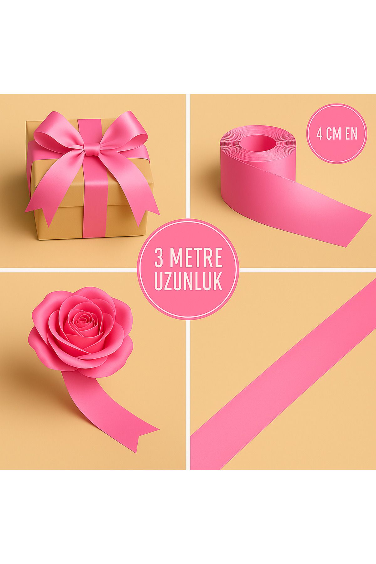 Idealtoka Pembe saten kurdele 3 metre uzunluk 4 cm en