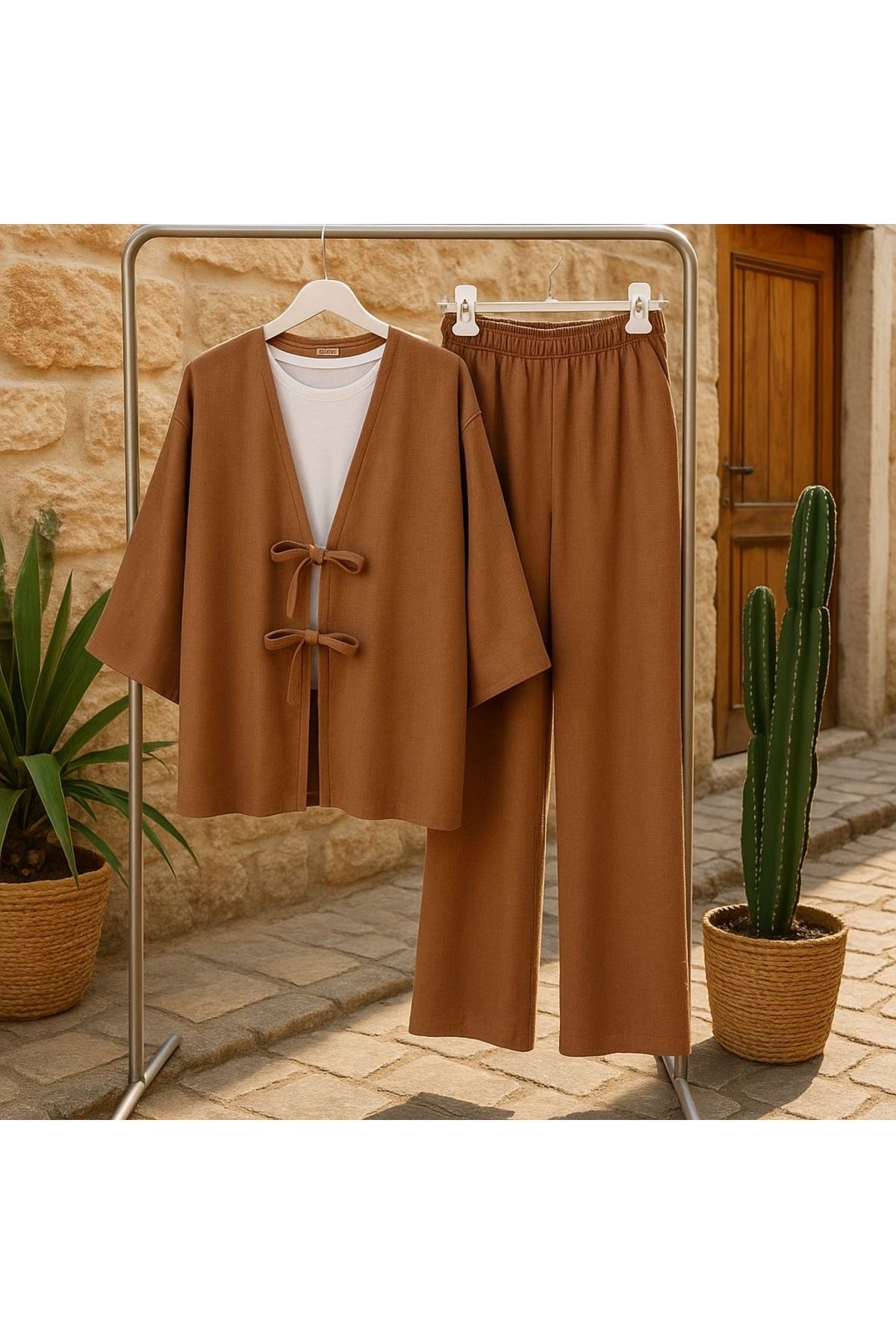 only moon KADIN GİYİM keten bağlamalı kimono takım,TUNİK PANTOLON 2'Lİ TAKIM