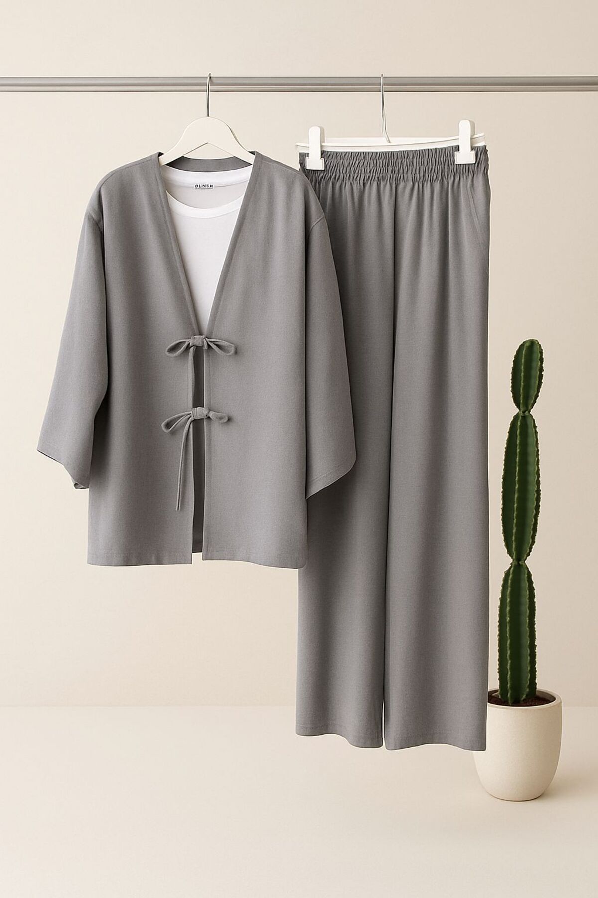 only moon KADIN GİYİM keten bağlamalı kimono takım,TUNİK PANTOLON 2'Lİ TAKIM