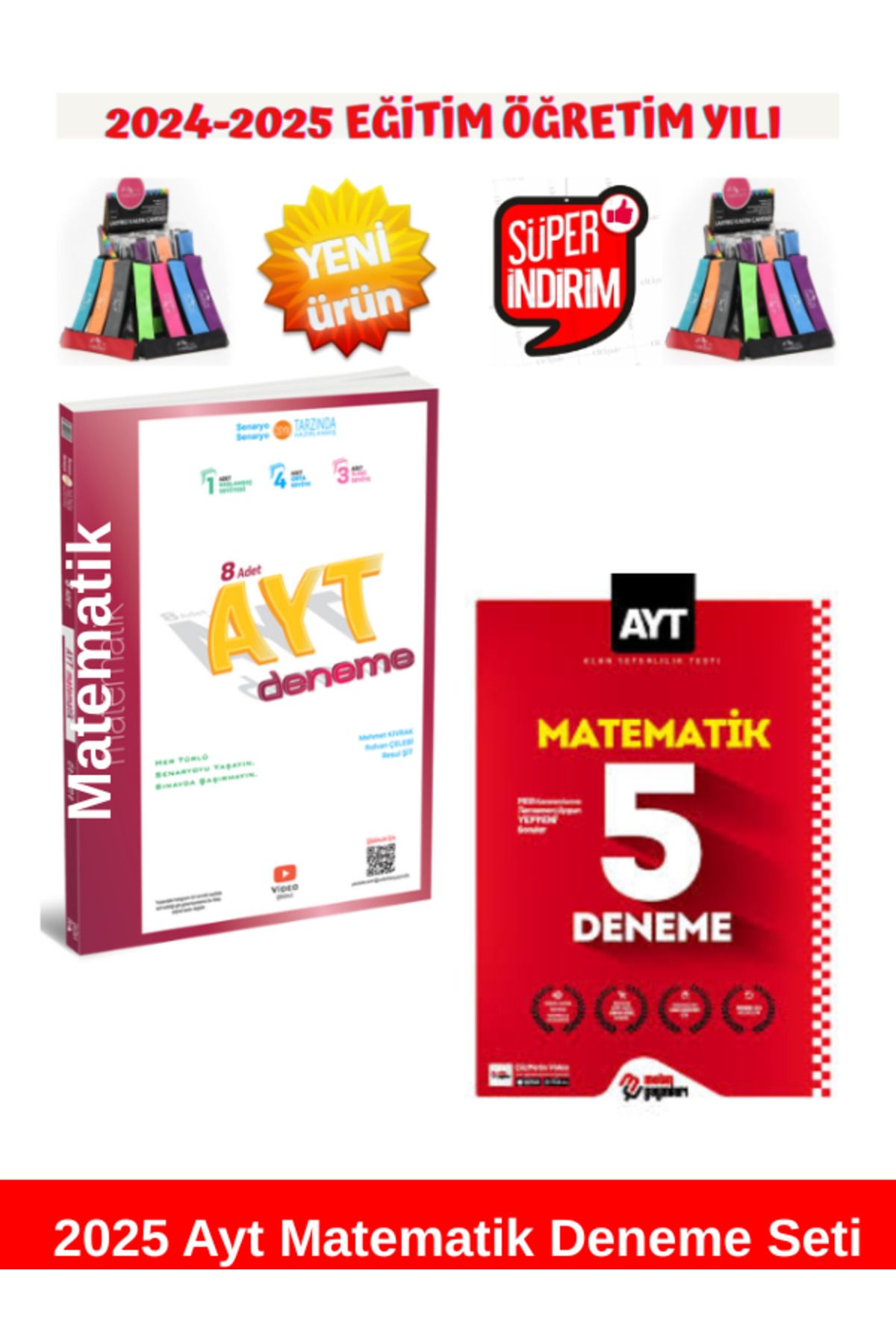 Üç Dört Beş Yayıncılık 2025 Ayt Matematik 8'li Deneme+Metin Yayınları 2025 Ayt Matematik 5 Deneme Seti+Kalemlik