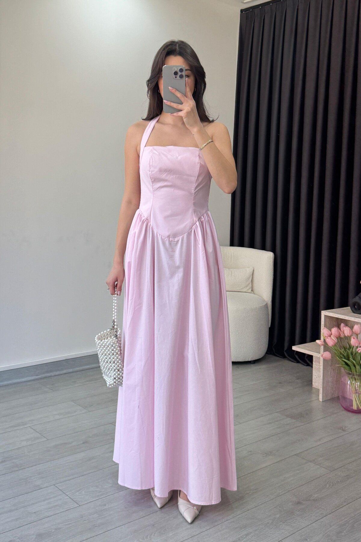 Hotfashion BOYUNDAN ASKILI BEL DETAYLI MAXİ ELBİSE