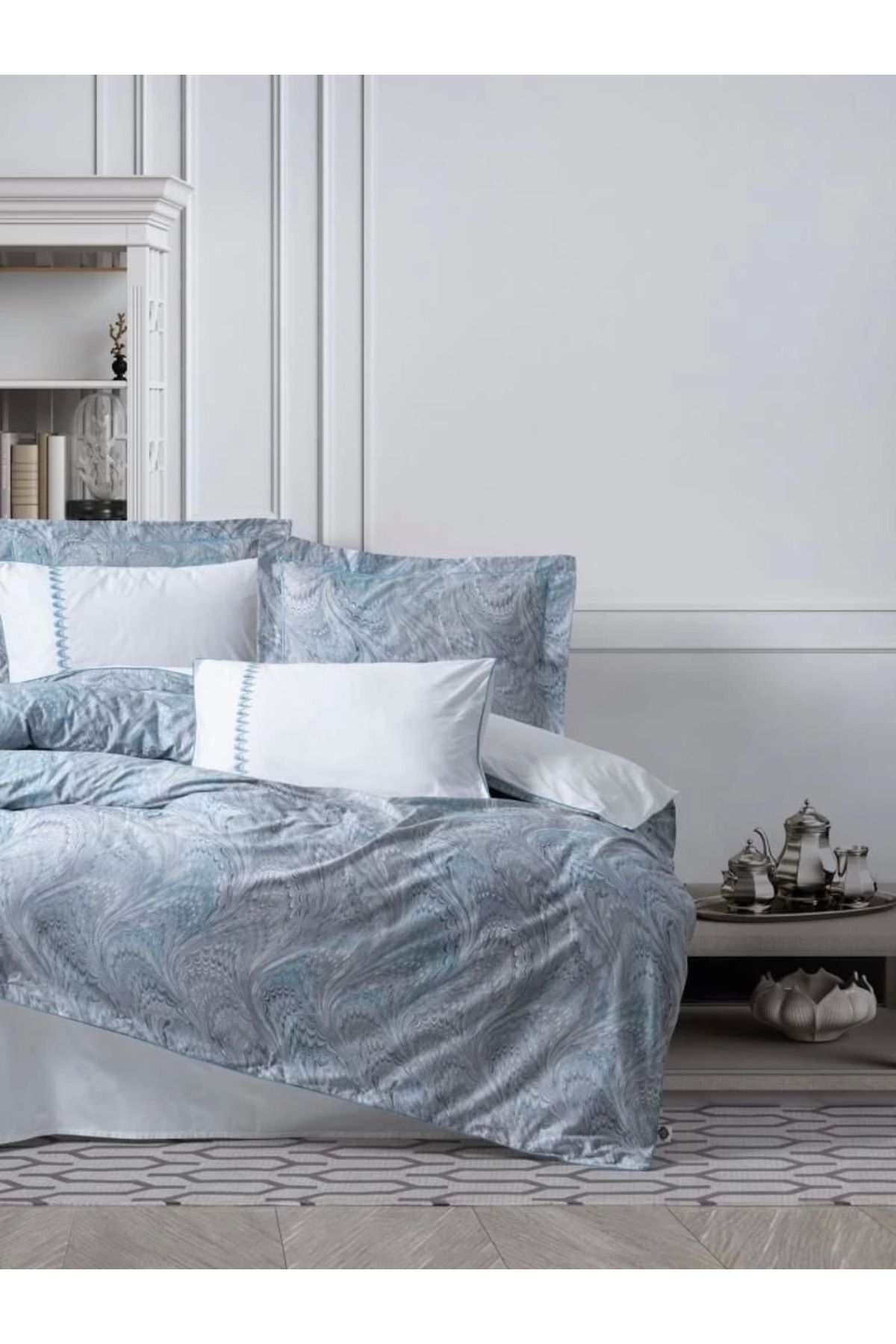 ÖYKÜ VE YİĞİT Cotton Box Çift Kişilik Elit Saten Nevresim Takımı Stilla Mavi