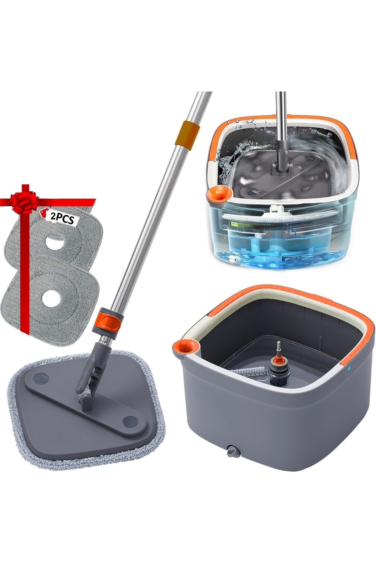 مجموعة ممسحة دوارة مع دلو ونظام مياه منفصل ذاتيًا، رأس ممسحة دوارة 360 درجة مربعة الشكل