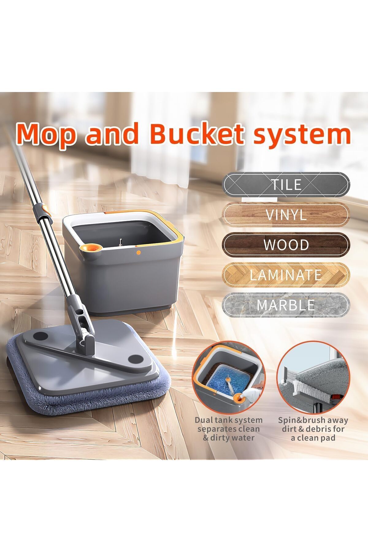 مجموعة ممسحة دوارة مع دلو ونظام مياه منفصل ذاتيًا، رأس ممسحة دوارة 360 درجة مربعة الشكل