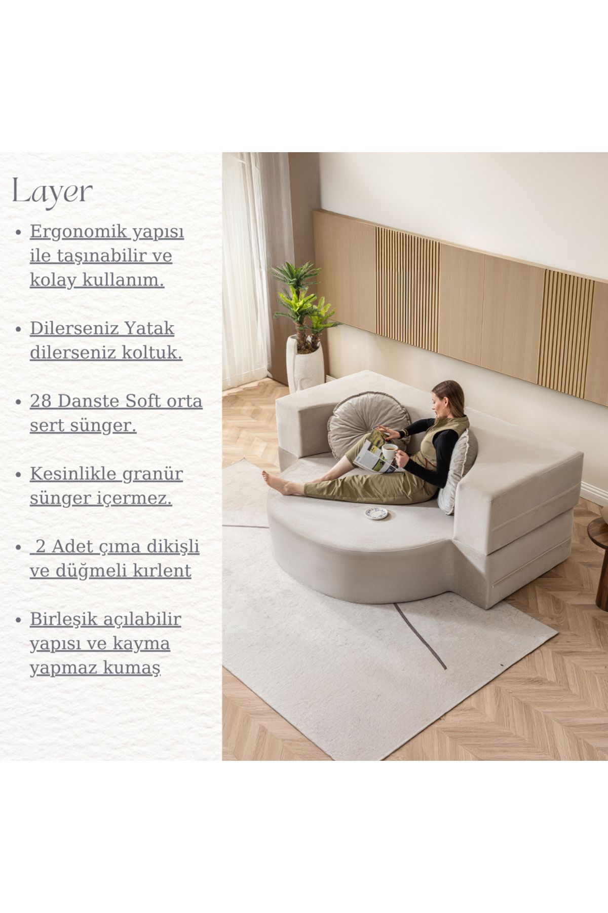 Layer 2'li Açılabilir Koltuk & Yeni Nesil & Silinebilir & Çift Kişilik & Konforlu Yatak Krem