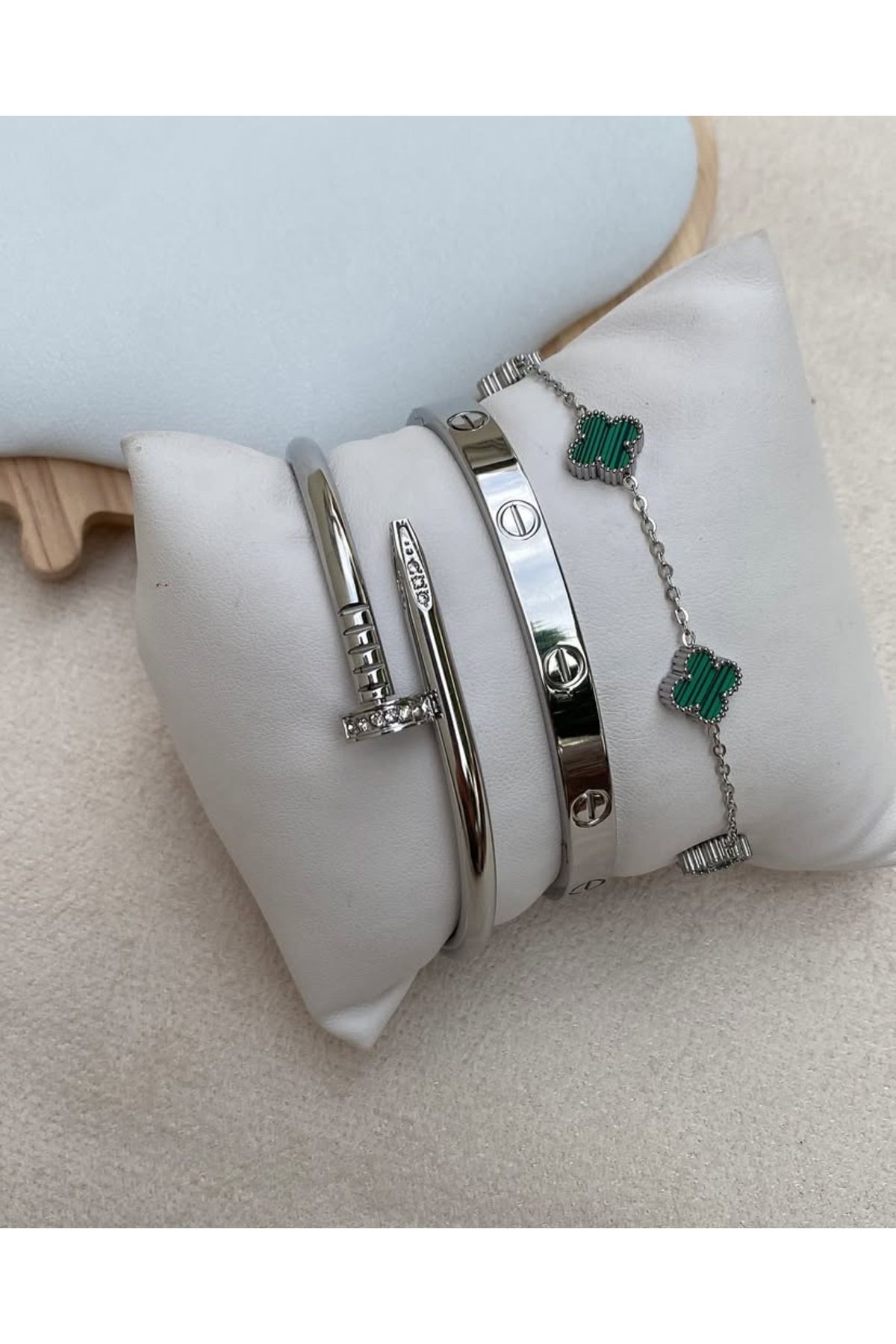 ANGELSS JEWELLERY Üçlü Kombin Yeşil Gümüş Van Cleeff Bileklik Gümüş Çivi Marka Model Kelepçe Set (3’lü Gümüş Bileklik)