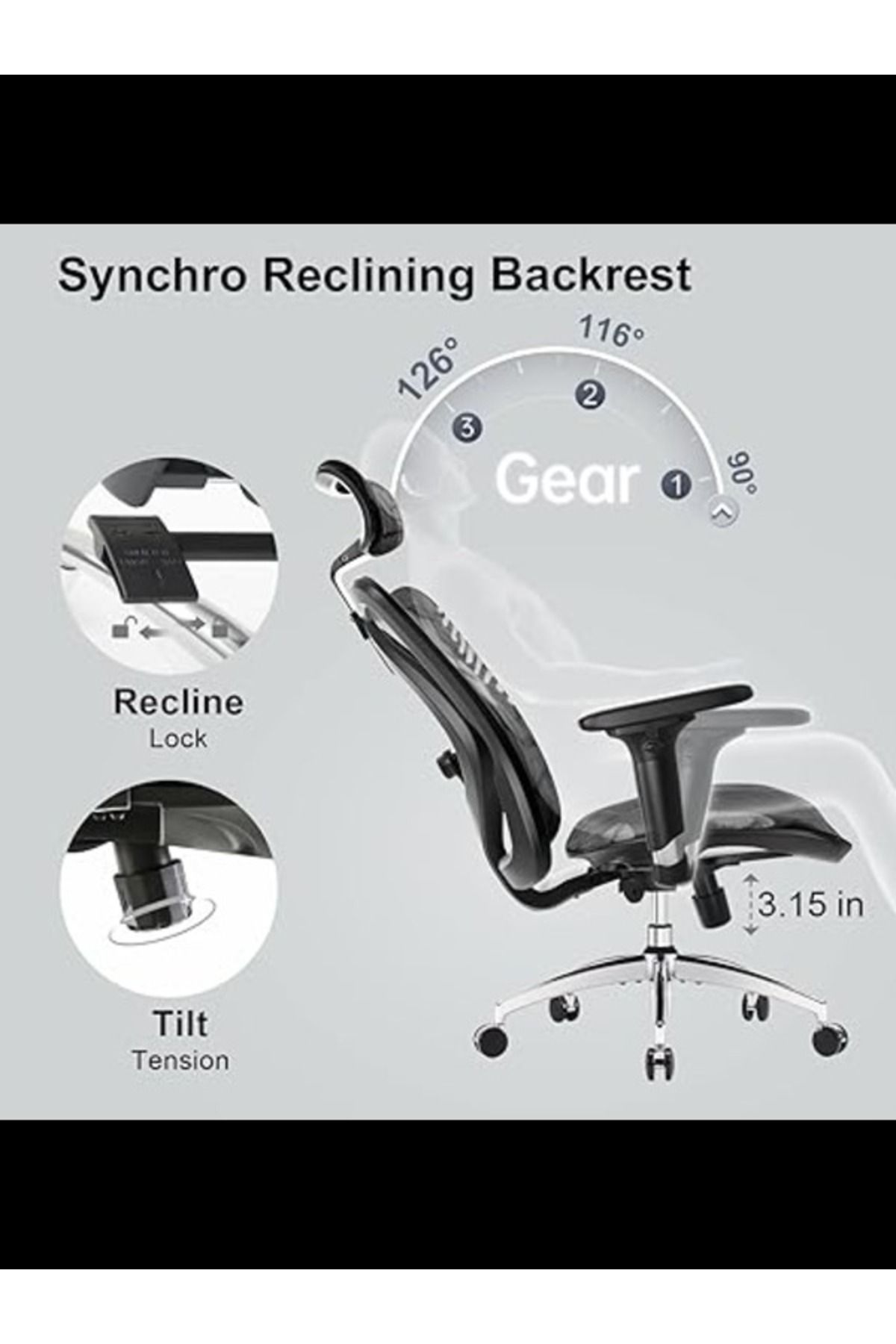 SIHOO-M57 Medium Back Ergonomic Mesh Chair With 3d Arm Rests And Lumbar Support - Black 3