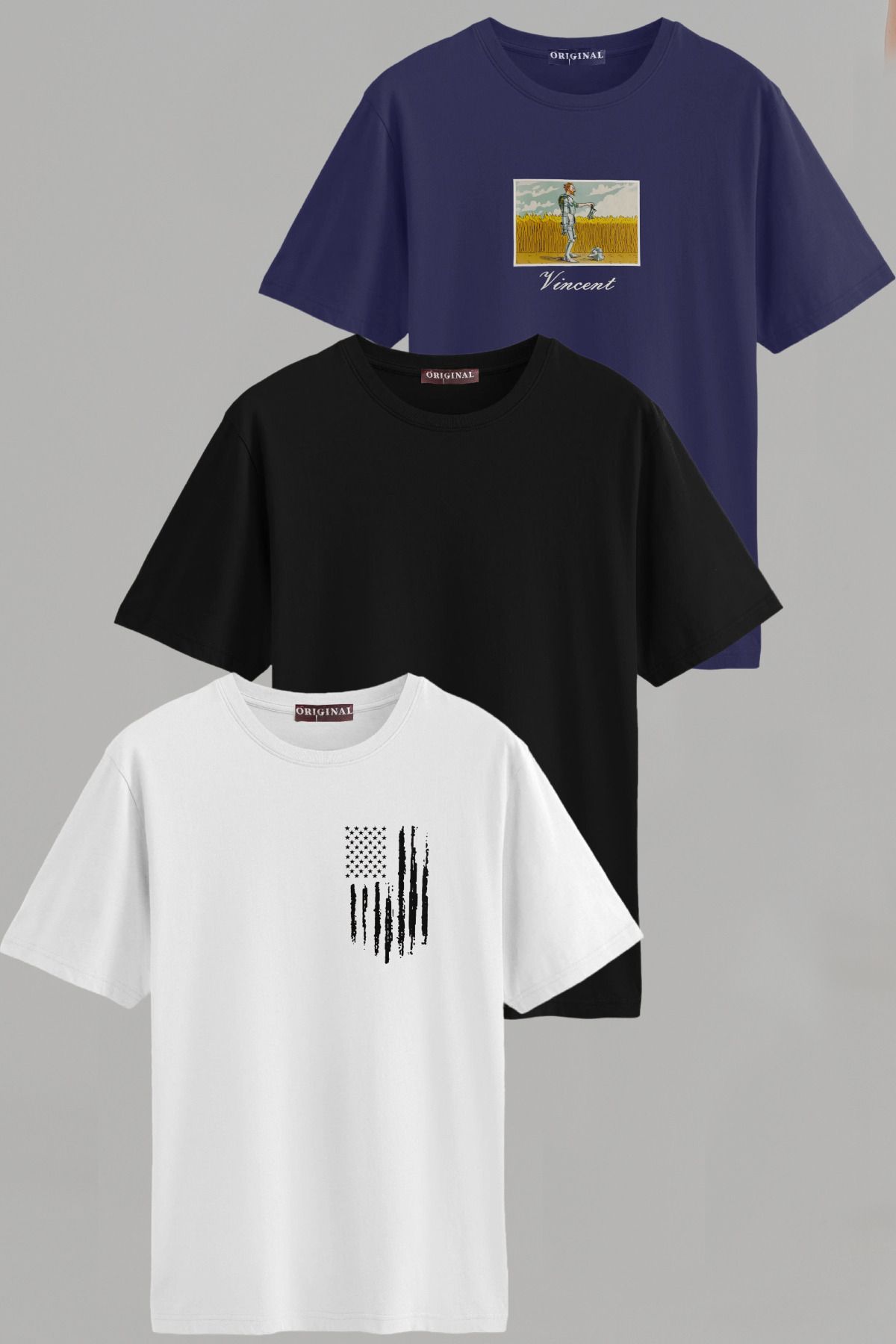 Vien&Karl Erkek Desenli-düz Karışık Slim Fit Bisiklet Yaka Pamuk Elastan 3'lü Basic Tişört