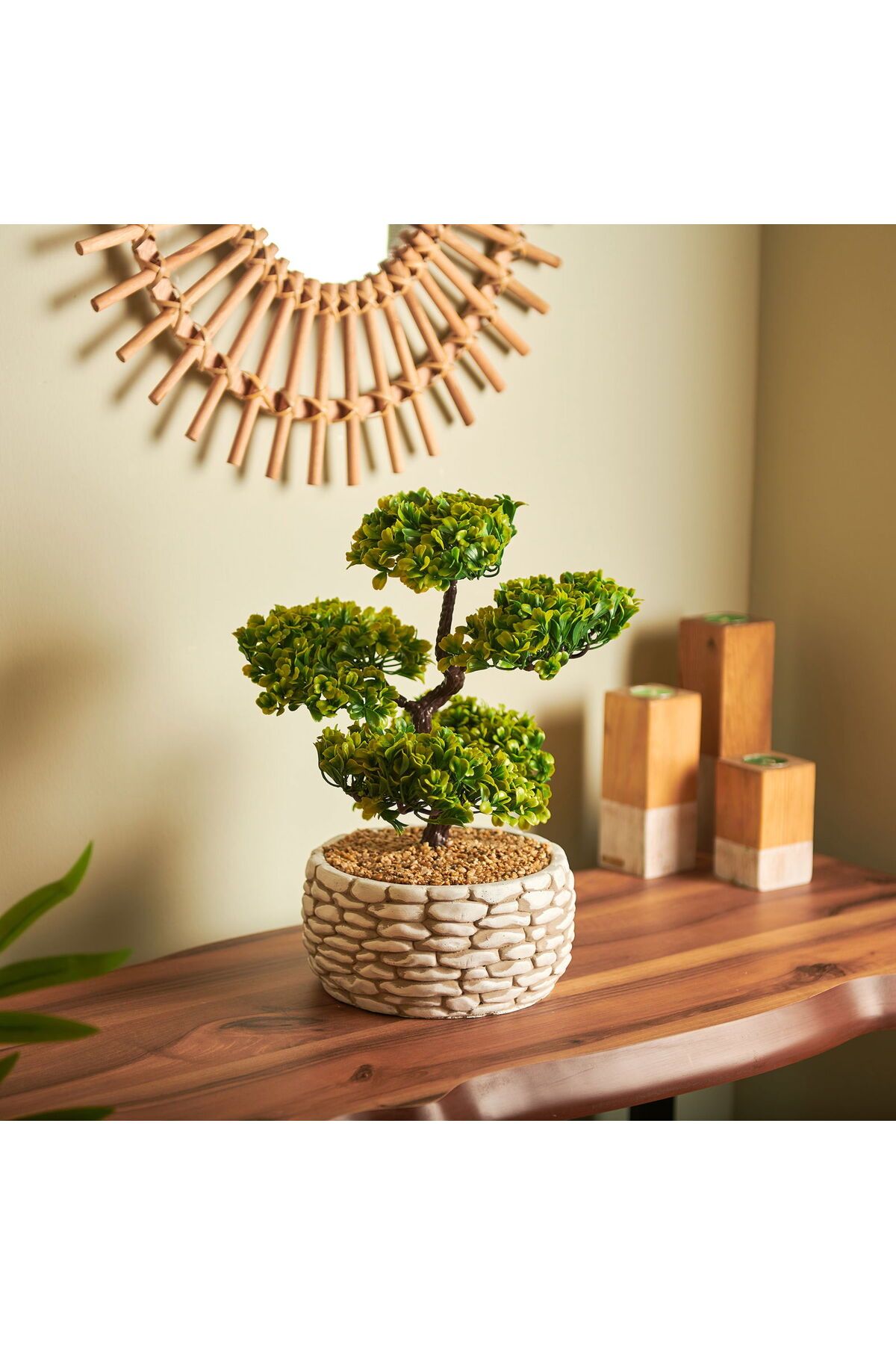 ASPARTAM Dekoratif Saksılı Bonsai Meri Yapay Çiçek - Beyaz / Yeşil - 20x20x36 cm