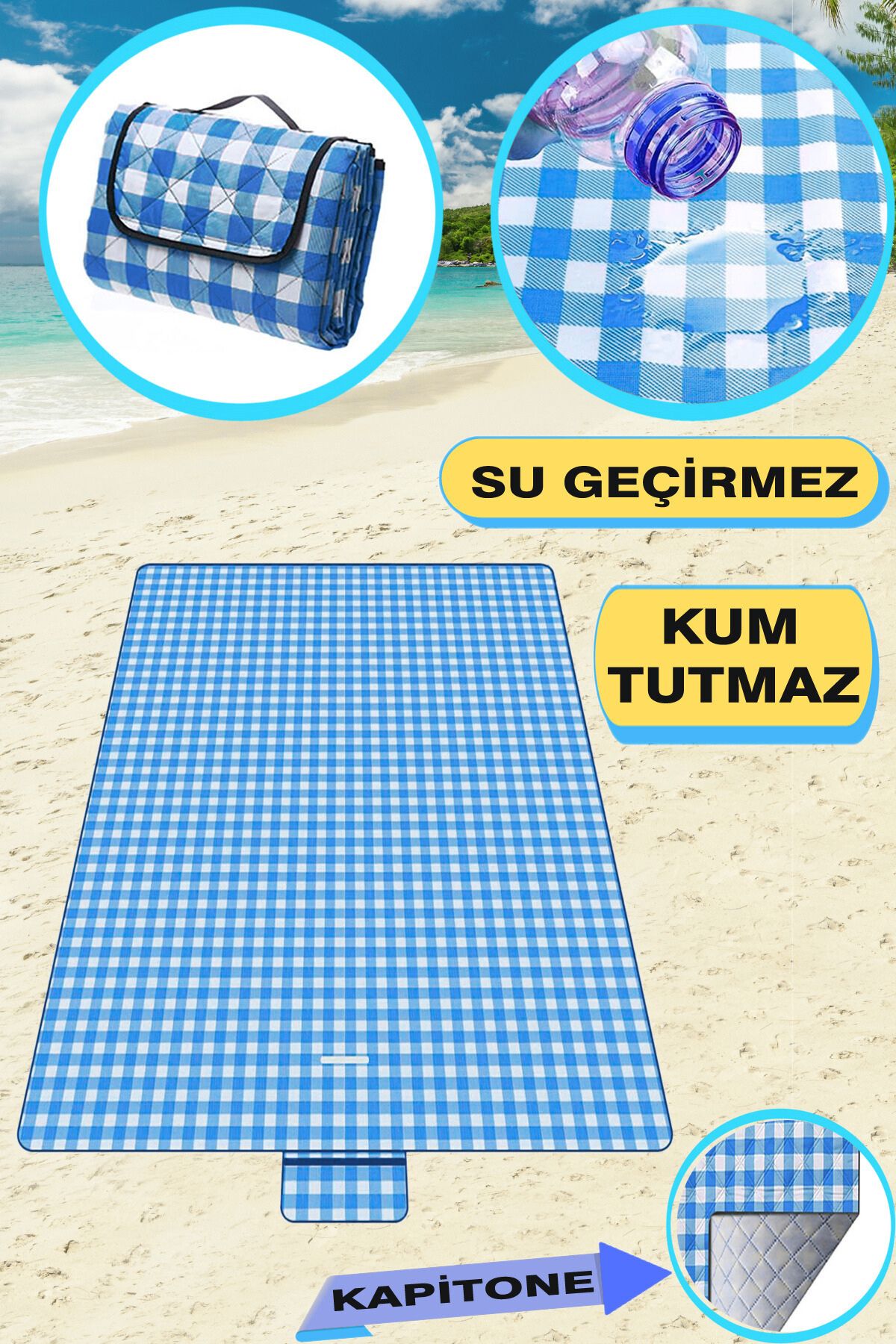 KAŞIKBEY Coast Plaj Örtüsü Kum Tutmayan Su Geçirmez Katlanır Taşıma Çantalı Piknik Plaj Örtüsü 75x160 cm