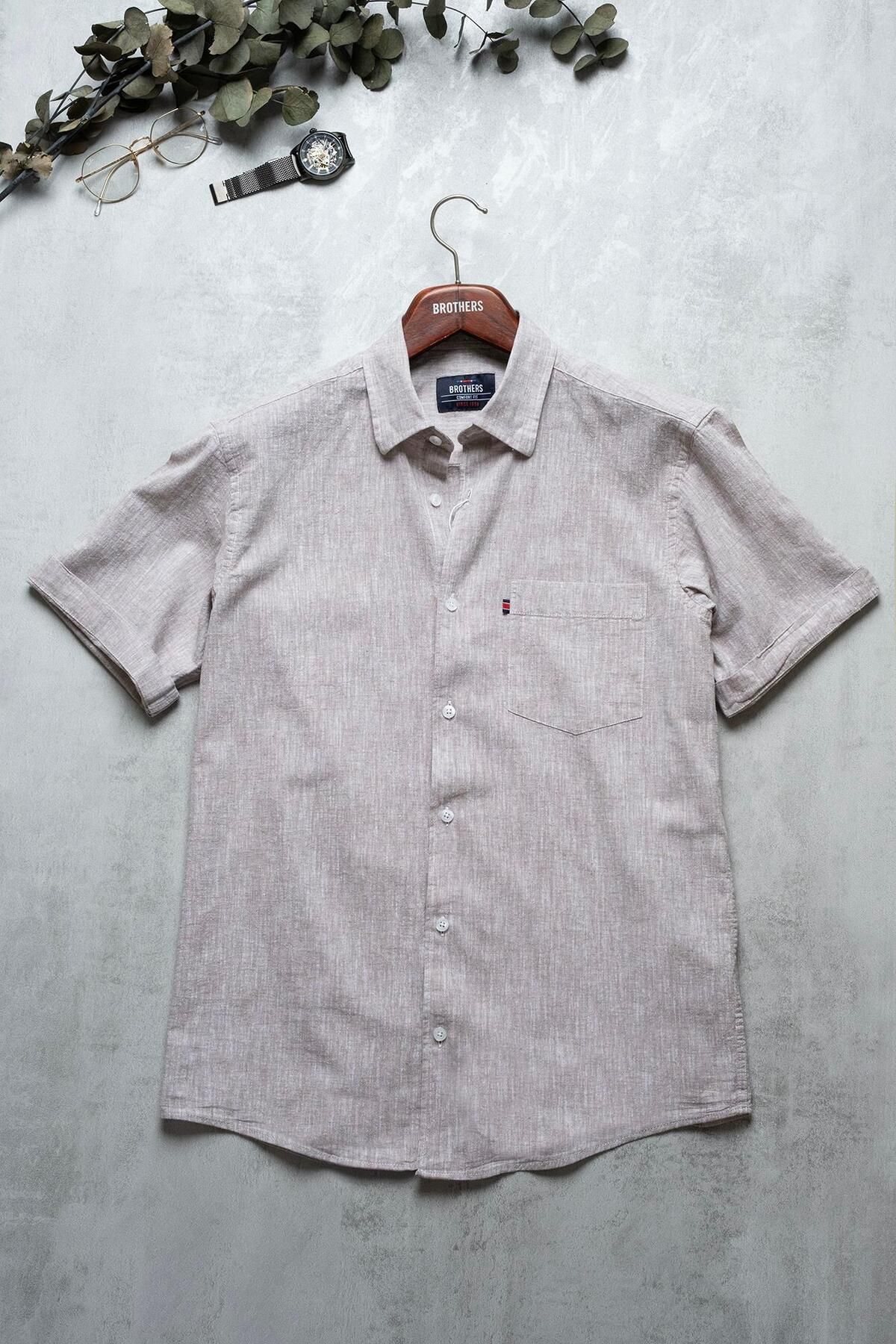 Brothers Erkek Comfort Fit Kısa Kol Tek Cepli Yıkamalı Pamuk Keten Gömlek Lunas Ss B01.251.609 - Kar