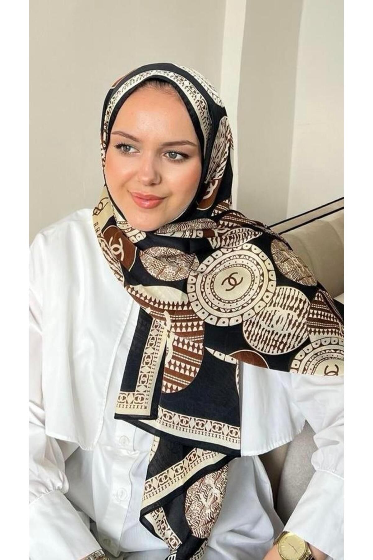 modayışığı Daire Desen Vual İpek Şal Kahve