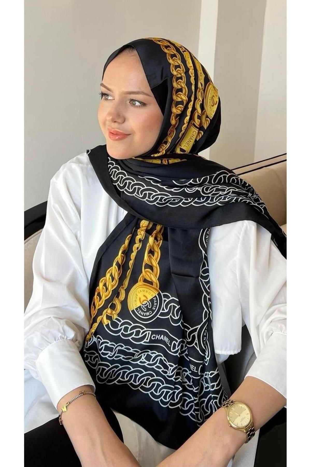 modayışığı Zincir Desen Vual İpek Şal Siyah