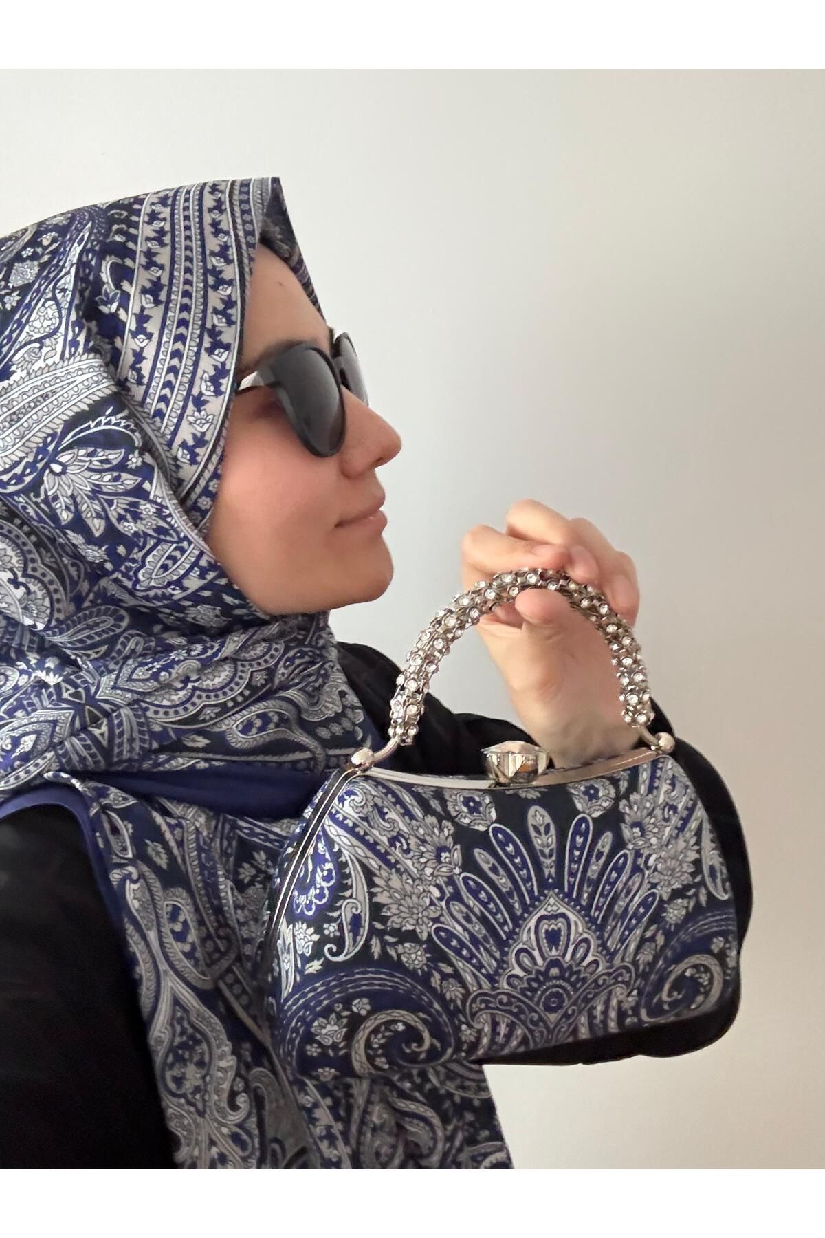 Ceylan Lacivert Etnik Desenli Abiye Şal & Çanta Takımı