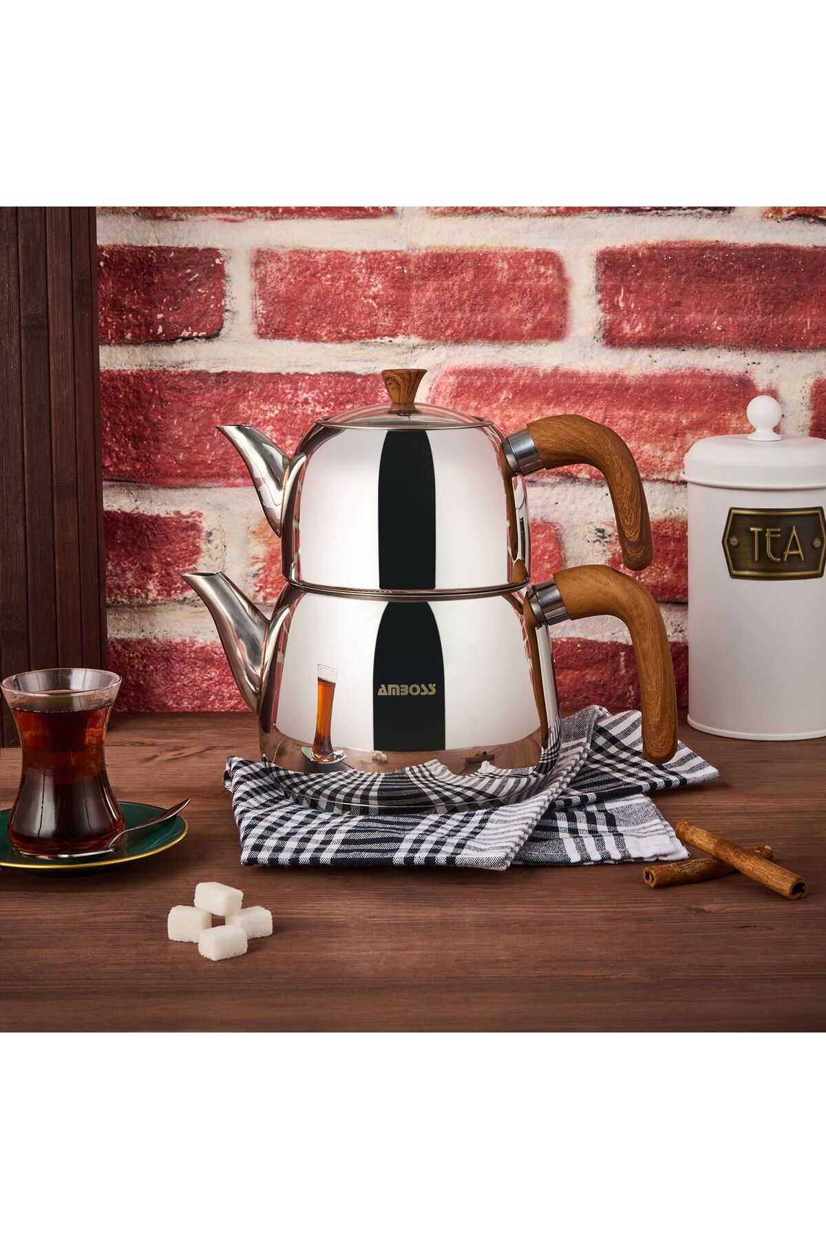 MATMEL Pearl Orta Boy Çaydanlık - Inox / Kahverengi - 1,2 lt + 1,3 lt