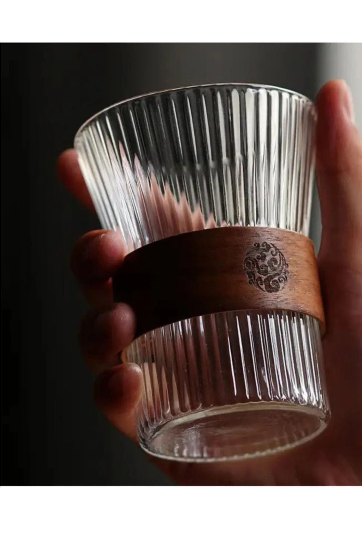 ESBERA HOME Origami Ahşap Tutacaklı Borosilikat Latte Su Kahve Meşrubat Kokteyl Bardağı
