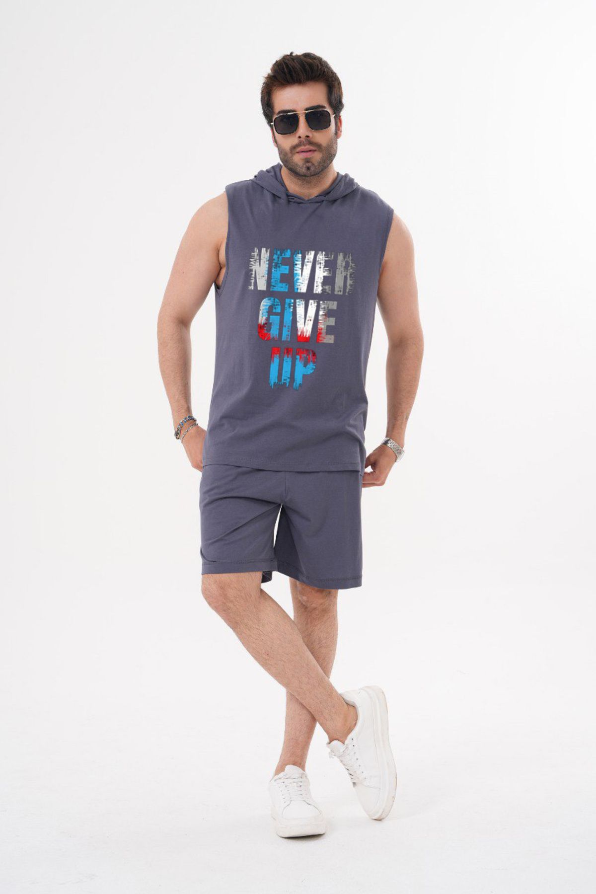 ACTIVE MODA ERKEK -Never Give Up -BASKILI SPOR ATLETİ - ŞORT TAKIMI 2Lİ BÜYÜK BEDEN PAMUKLU
