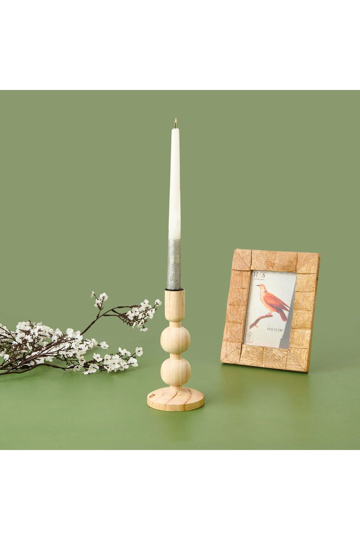 ASPARTAM Konik Ahşap Şamdan - Krem - 9,5x9,5x17,5 cm