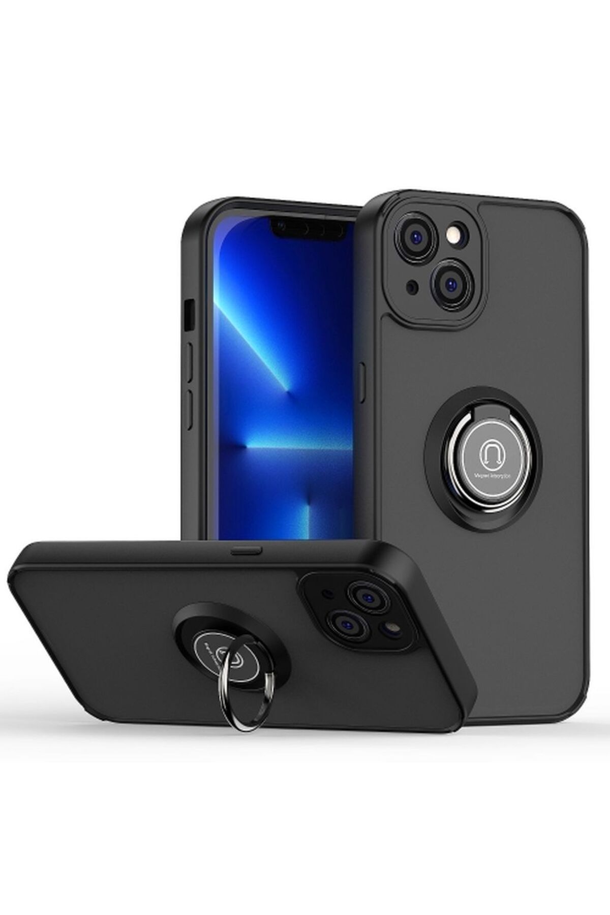 Rivor Apple iPhone 13 & iPhone 14 Kılıf Kamera Korumalı Standlı Buzlu Kenar Renkli Yüzüklü Silikon Kapak