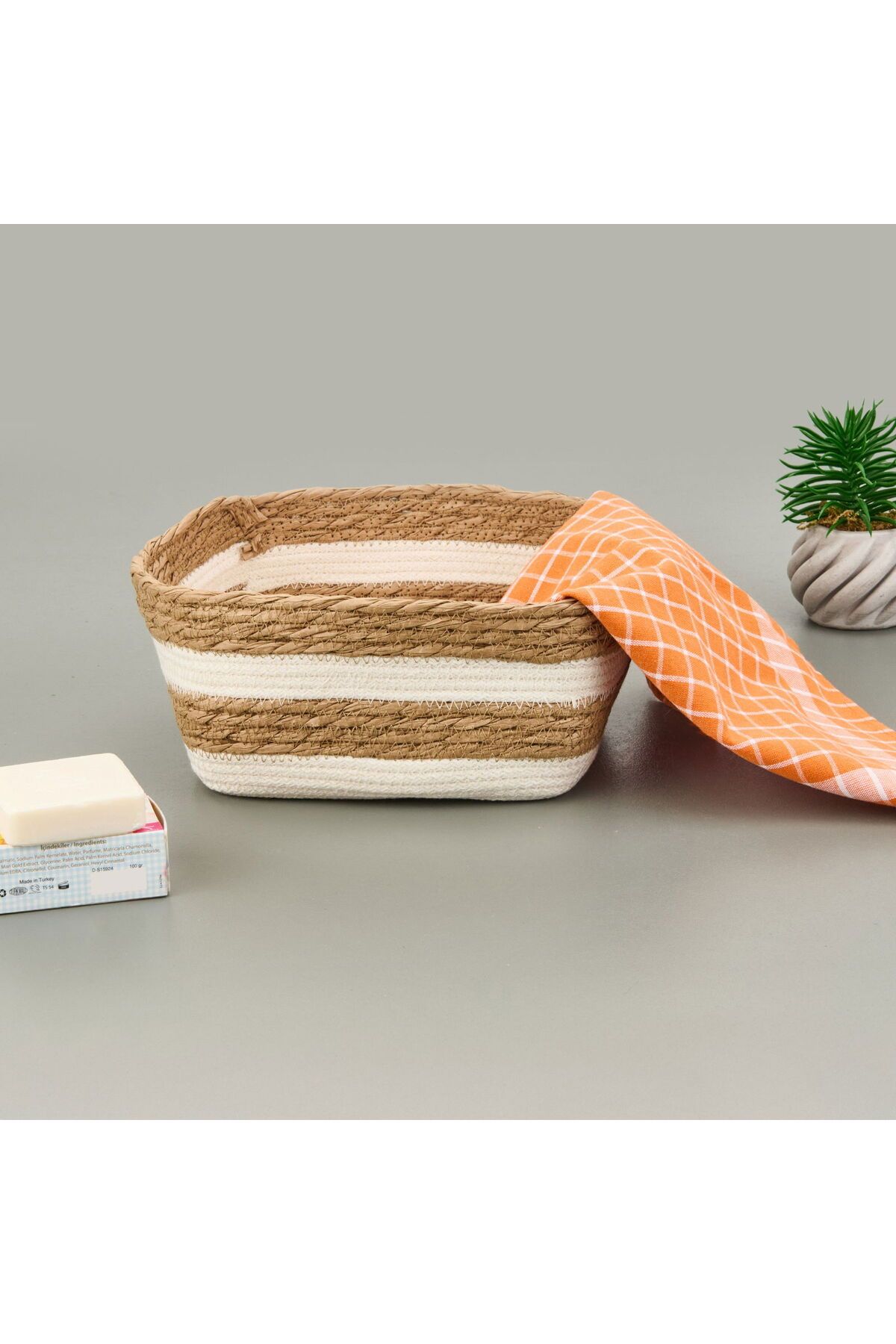 MATMEL Boho Style Kağıt İp Sepet - Bej / Beyaz - 22x22x12 cm