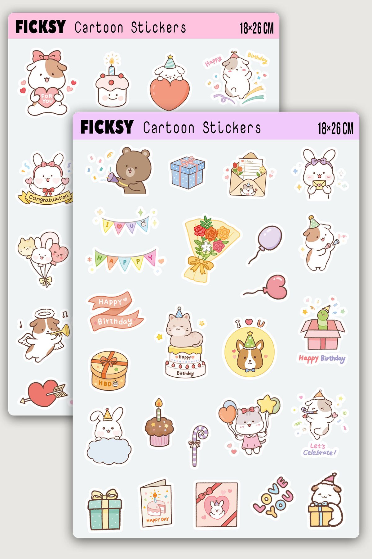 Ficksy Kawaii Stili Sevimli Hayvanlar Doğum Günü Temalı Sticker Seti - 44 Adet Etiket Çıkartma