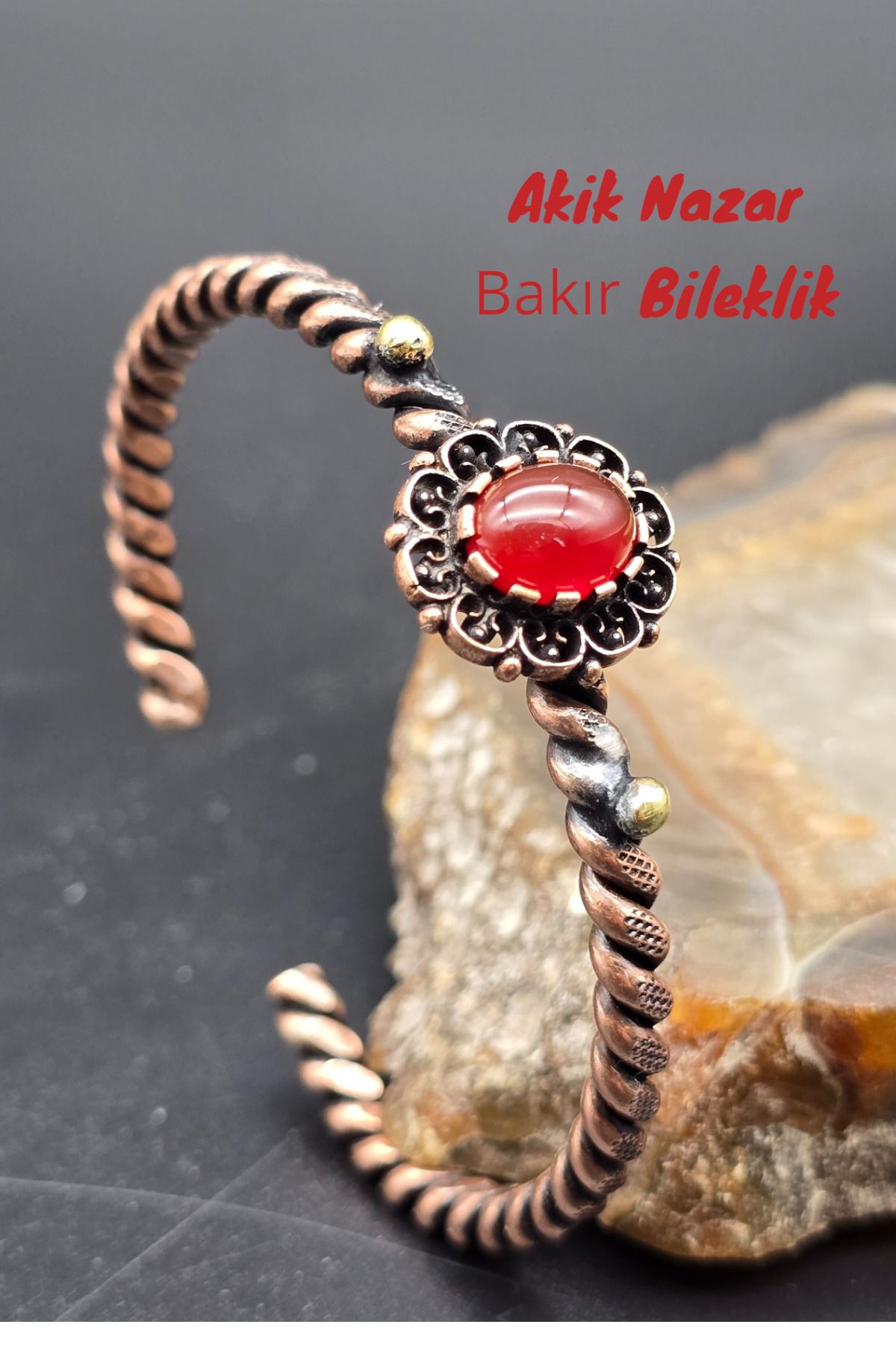 NBS Beautiful Naturel Stones Bakır Bileklik ( Saf ) Ayarlanabilir Akik Antik Benzersiz Tasarım Burma ( Nazar )