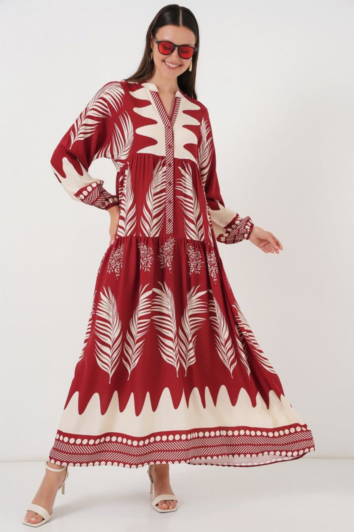 DRGY 2423 Otantik Desenli Tesettür Elbise - G.Bordo