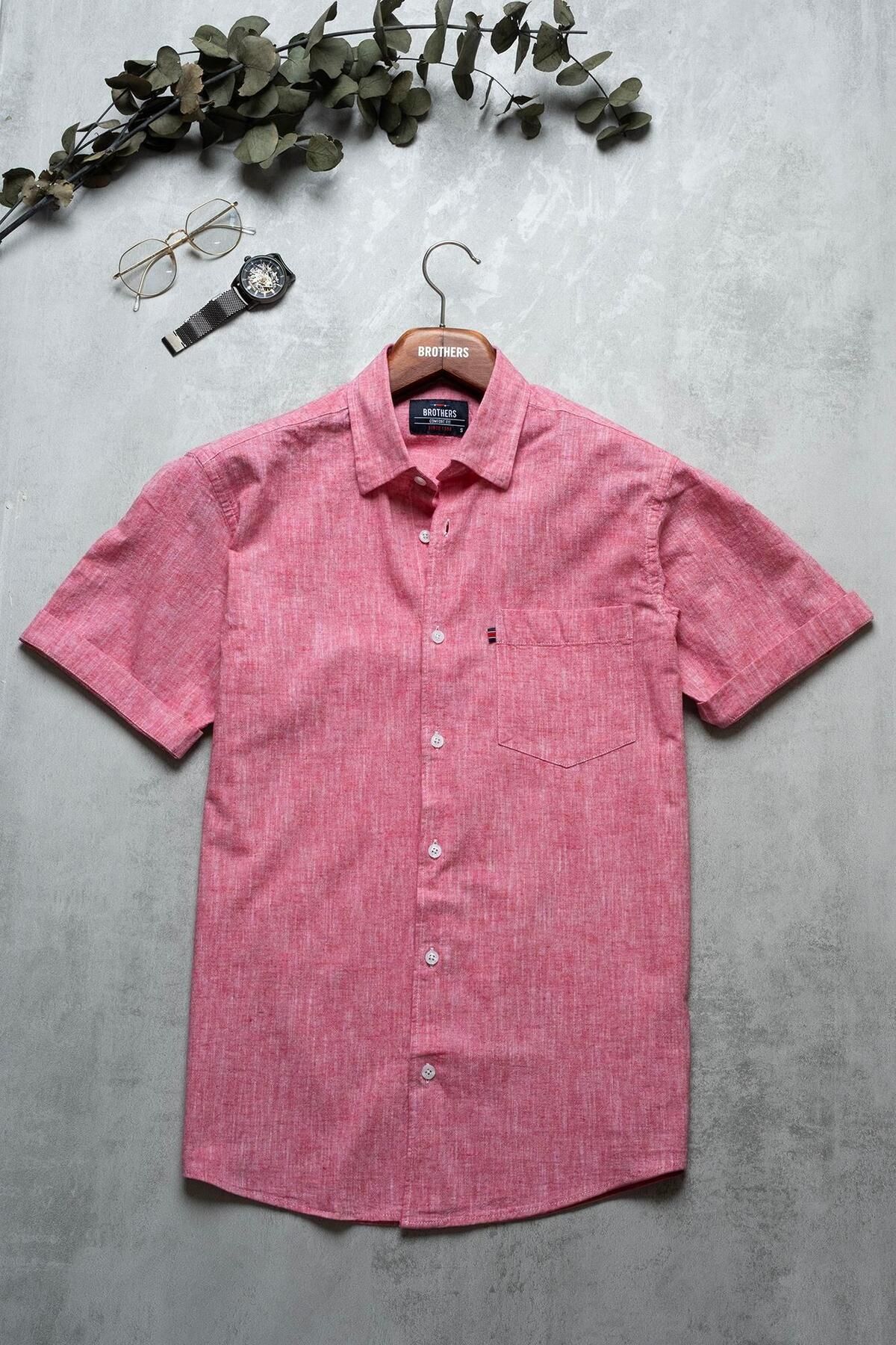 Brothers Erkek Comfort Fit Kısa Kol Tek Cepli Yıkamalı Pamuk Keten Gömlek Lunas Ss B01.251.609 - Kır