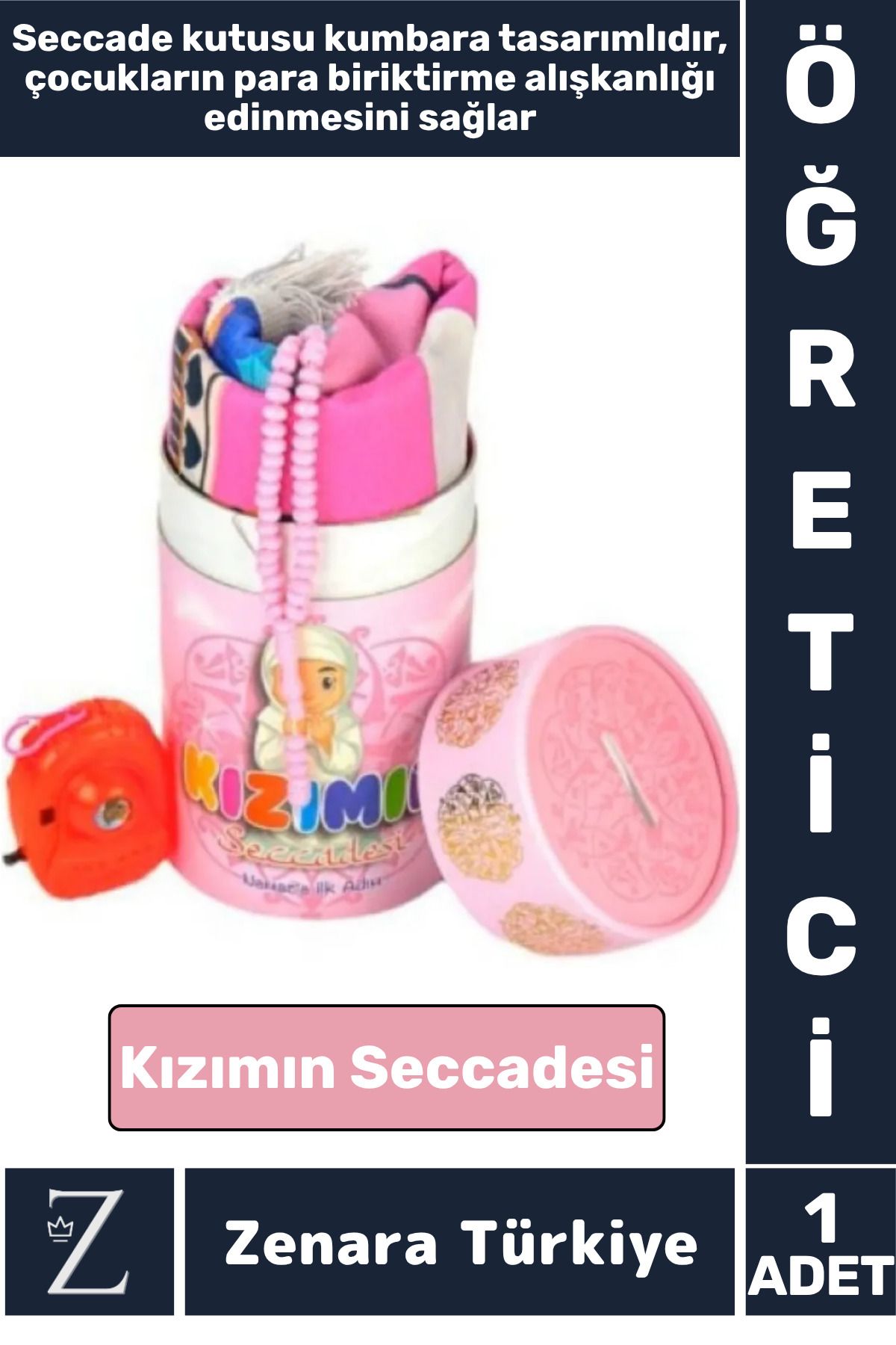 Zenara Kız Çocuk İbadet Öğretici 3 Parça Seccade Tesbih Kumbara Tasarımlı Namaza İlk Adım KIZIMIN SECCADESİ