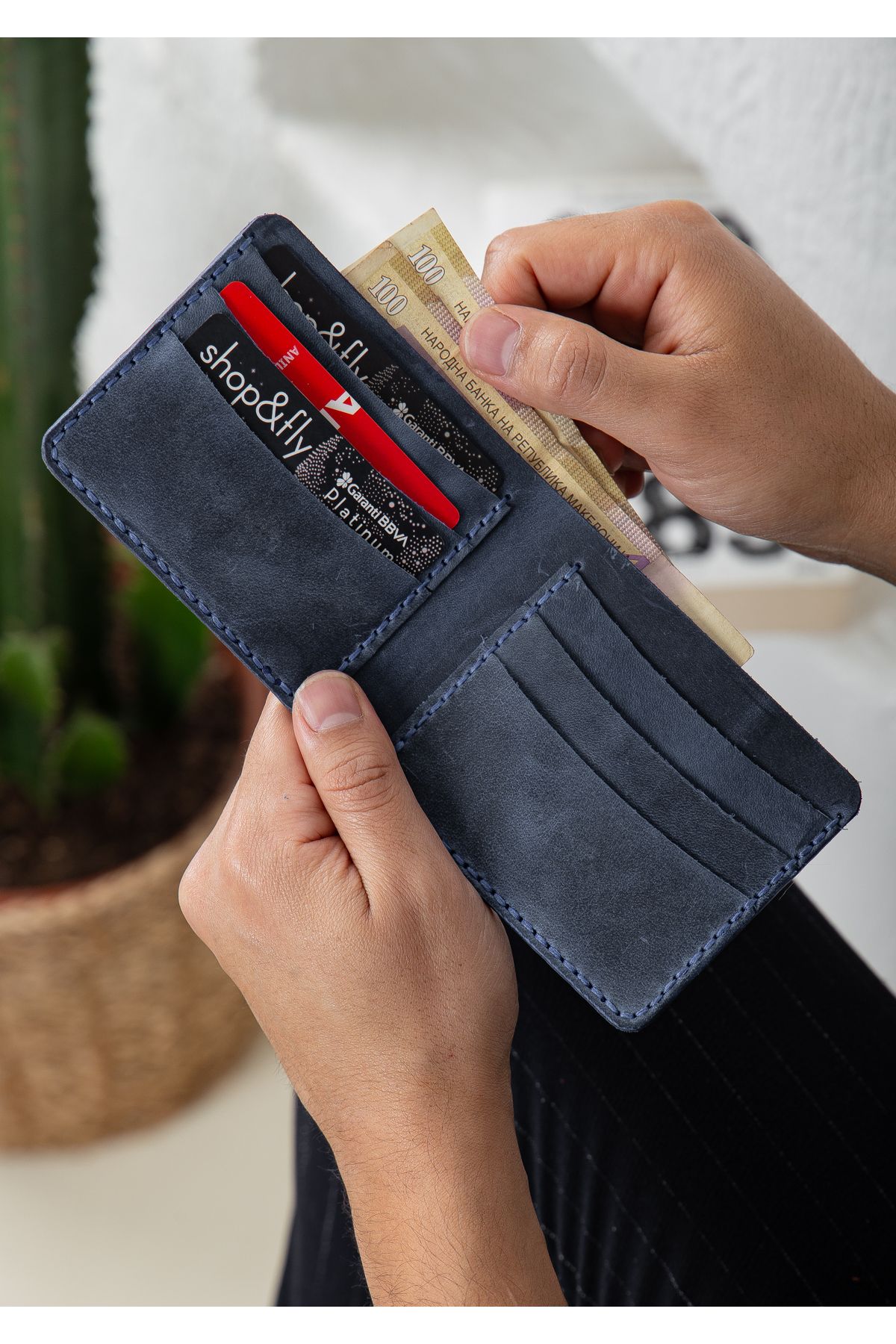 Niki Leather Valerin Klasik El Yapımı Mavi Gerçek Deri Cüzdan