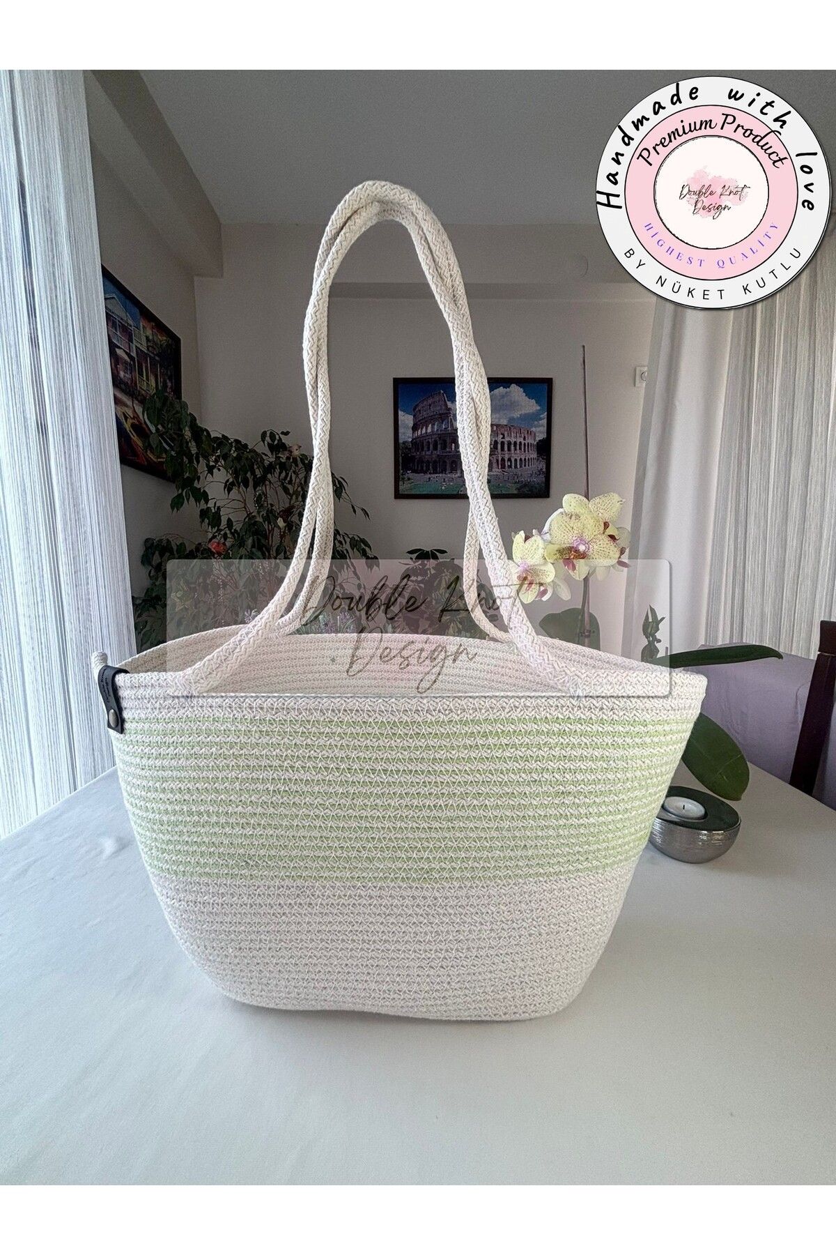 DOUBLE KNOT DESİGN BABY Bebek Bakım Çantası,Kadın Kol Çantası,Hediyelik,Anneler Günü,Hasır Jüt Tress