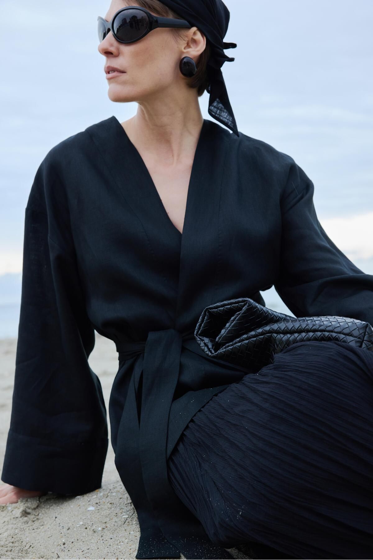 Suud Collection Siyah %100 Keten Eleni Kimono