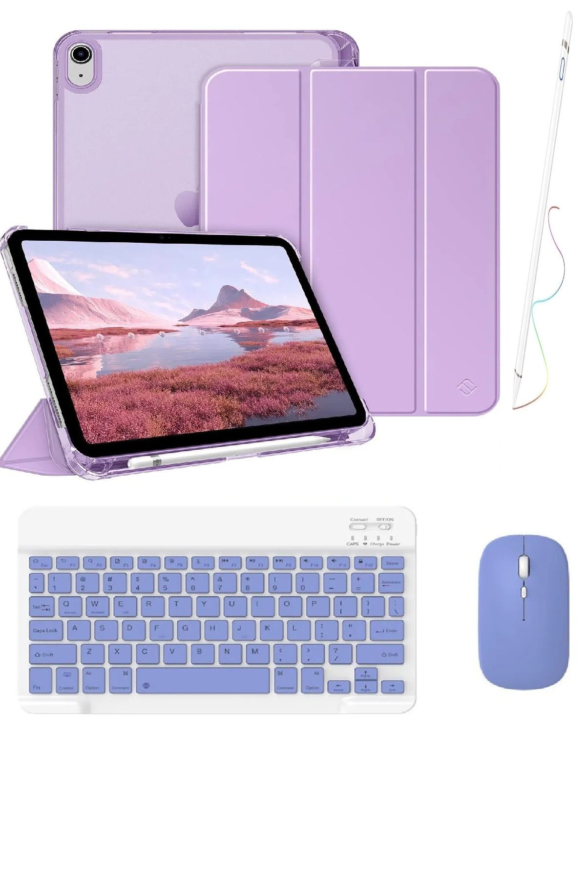 Covpor İpad Air 11inç M2/m3 Air 4/5.nesil 10.9 Uyumlu Flip Kılıf Lila + Bluetoothlu Klavye Mouse + Kalem