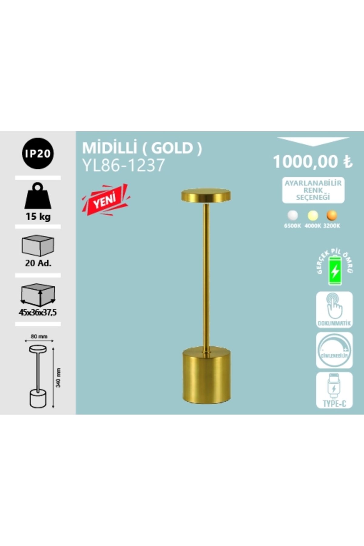 Noas MİDİLLİ ŞARJLI MASA LAMBASI GOLD