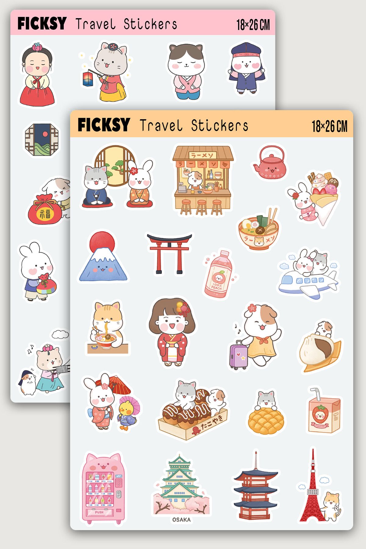 Ficksy Kawaii Sevimli Hayvanlar Japonya Kore Seyahat Temalı Sticker Seti - 46 Adet Travel Etiket Çıkartma