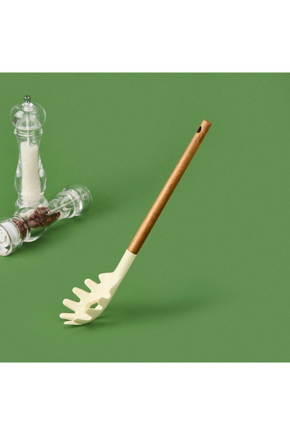 MİEN Mien Akasya Saplı Silikon Makarna Kevgiri - Bej / Kahverengi - 32 Cm