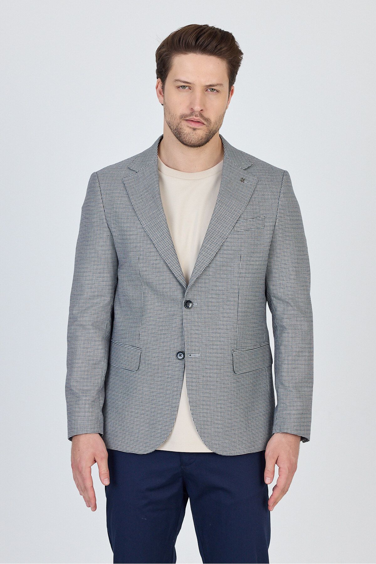 Frappoli Martinelli Erkek Koyu Lacivert Ufak Desenli Polyester Kumaşlı Spor Blazer Ceket