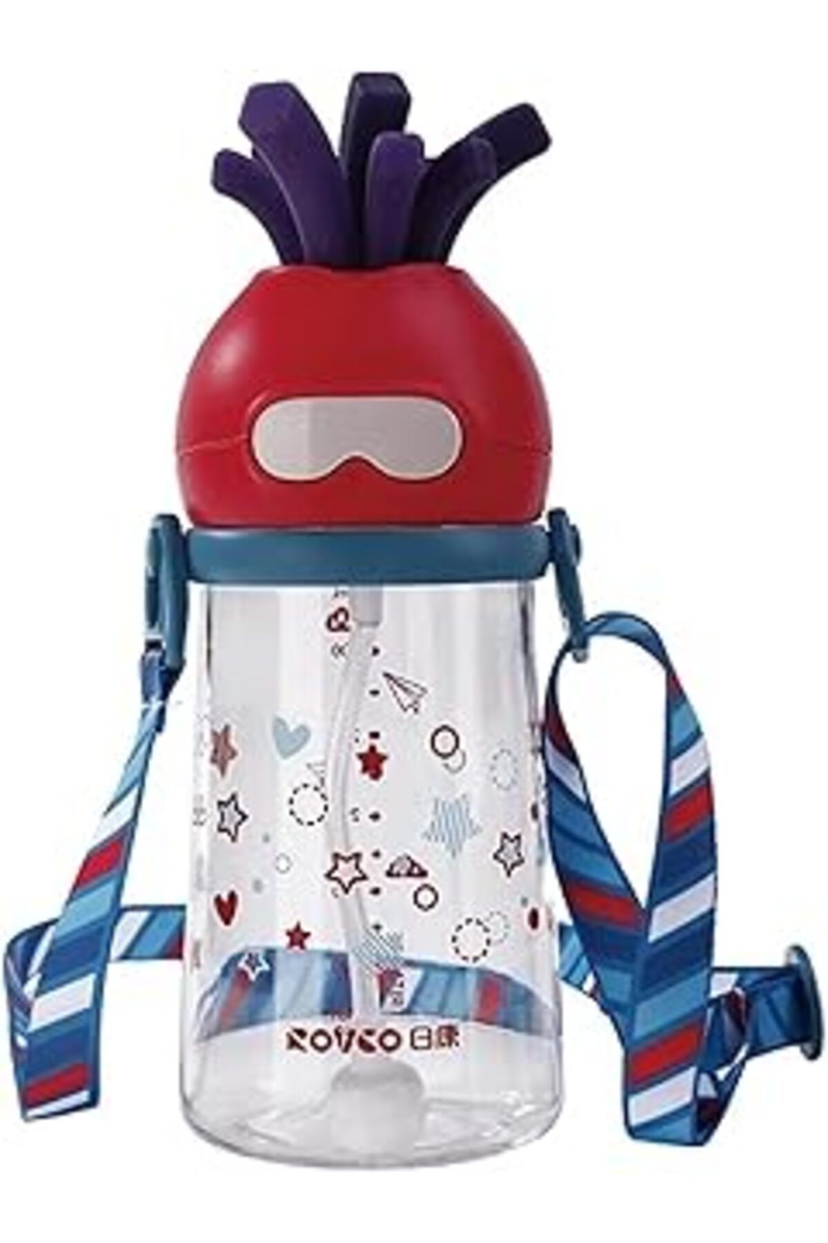 Mu Art Ahşap Rovco 320Ml Pipetli Eğlenceli Desenli Akıllı Pipet Toplu Askılı Tritan Su Matarası (Kırmızı)