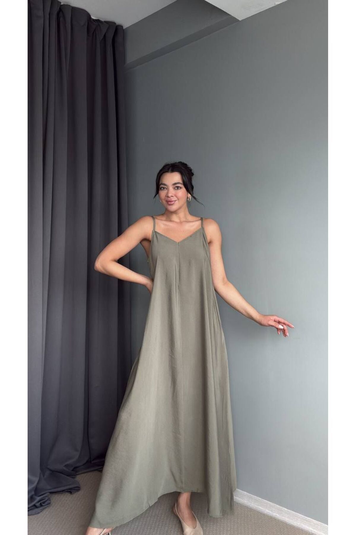 Hotfashion Askılı Haki Salaş Elbise