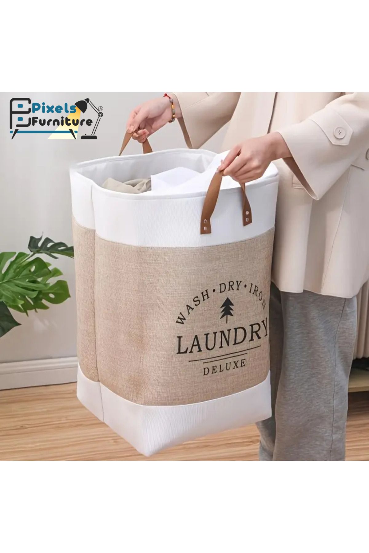 PixelsFurniture-سلة غسيل قماش مربعة قابلة للطي متعددة الاستخدام من بكسل الأثاث 4