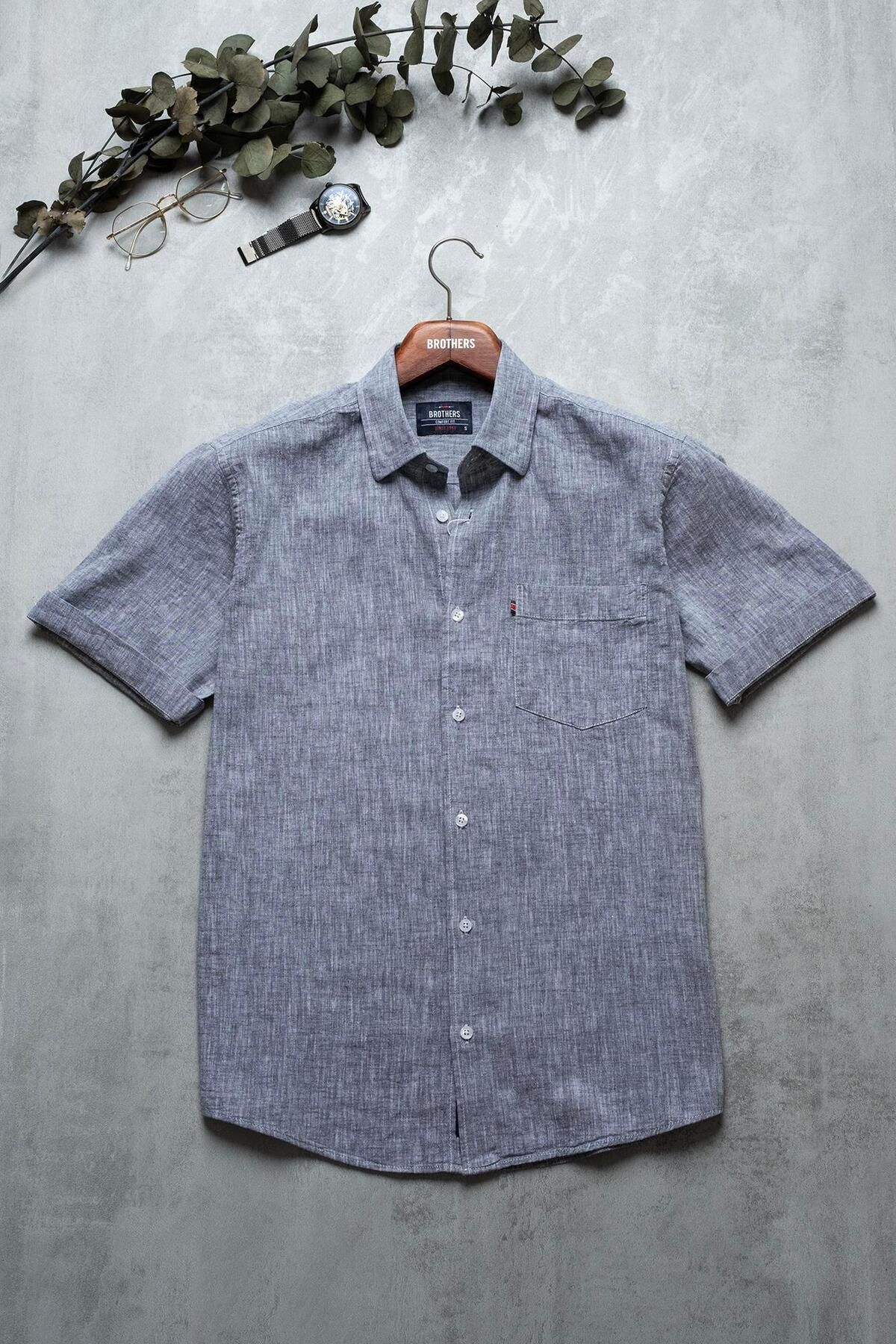 Brothers Erkek Comfort Fit Kısa Kol Tek Cepli Yıkamalı Pamuk Keten Gömlek Lunas Ss B01.251.609 - Gri