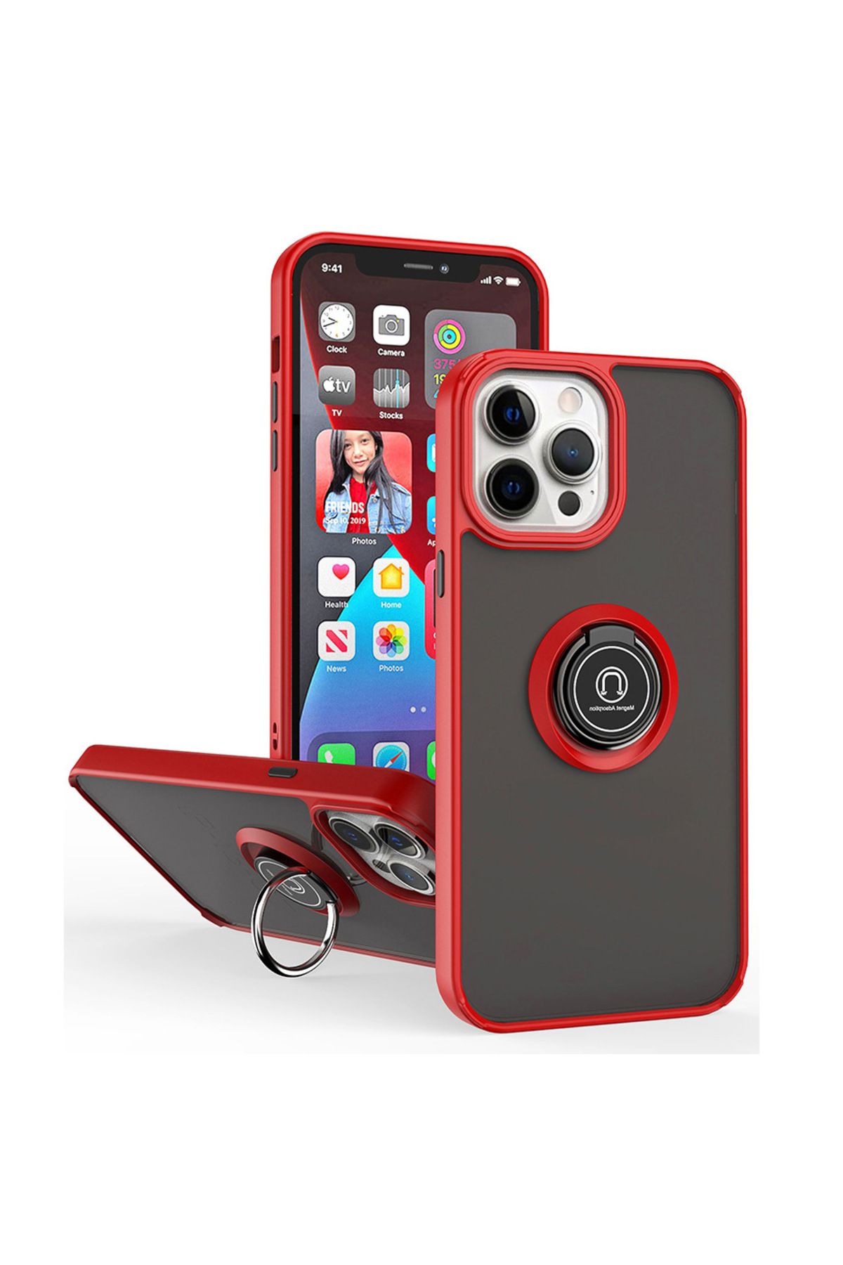 Rivor Apple iPhone 13 Pro Max Kılıf Kamera Korumalı Standlı Buzlu Kenarları Renkli Yüzüklü Silikon Kapak