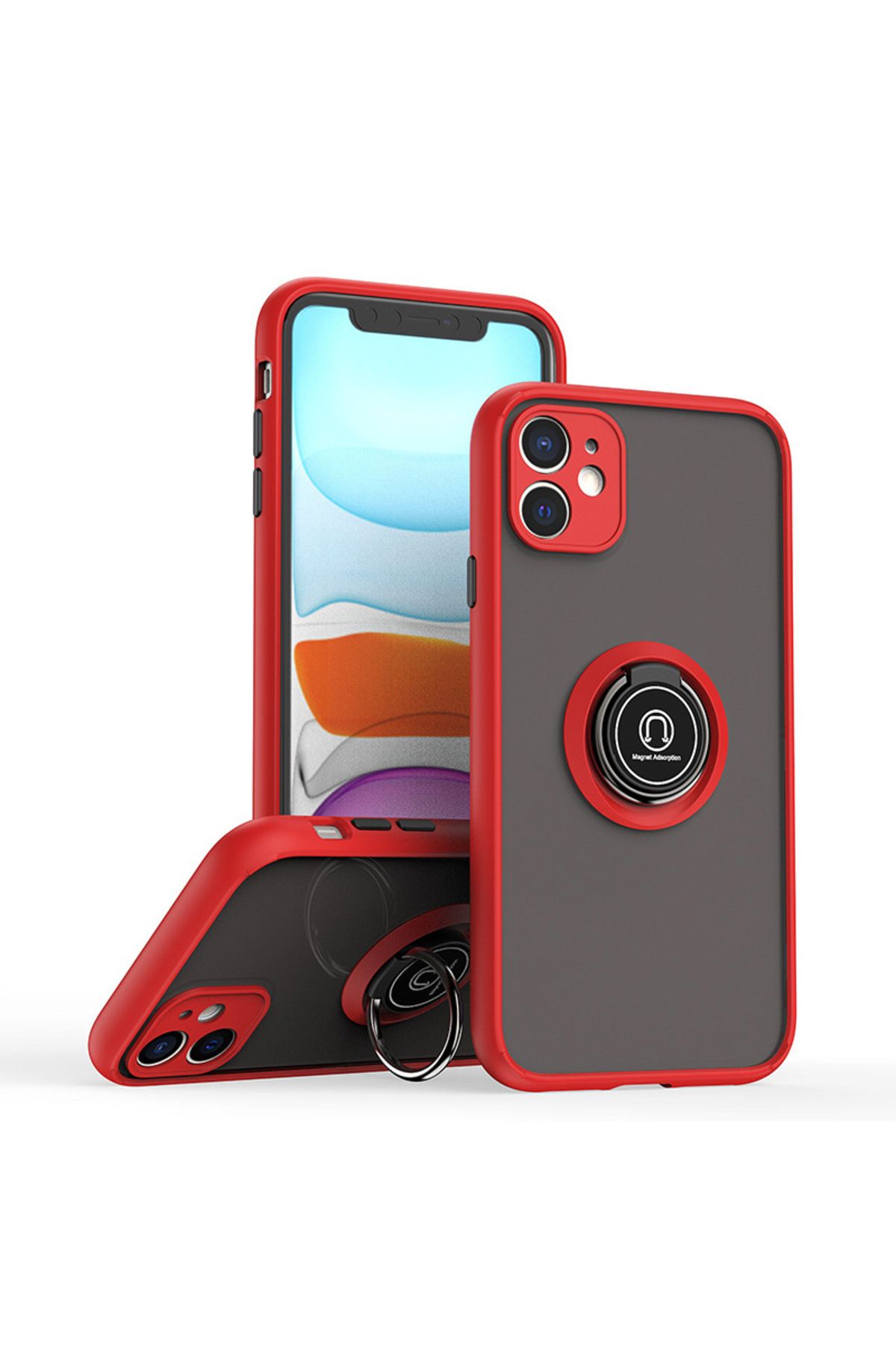 Rivor Apple iPhone 11 Uyumlu Kılıf Kamera Korumalı Standlı Buzlu Kenarları Renkli Yüzüklü Silikon Kapak