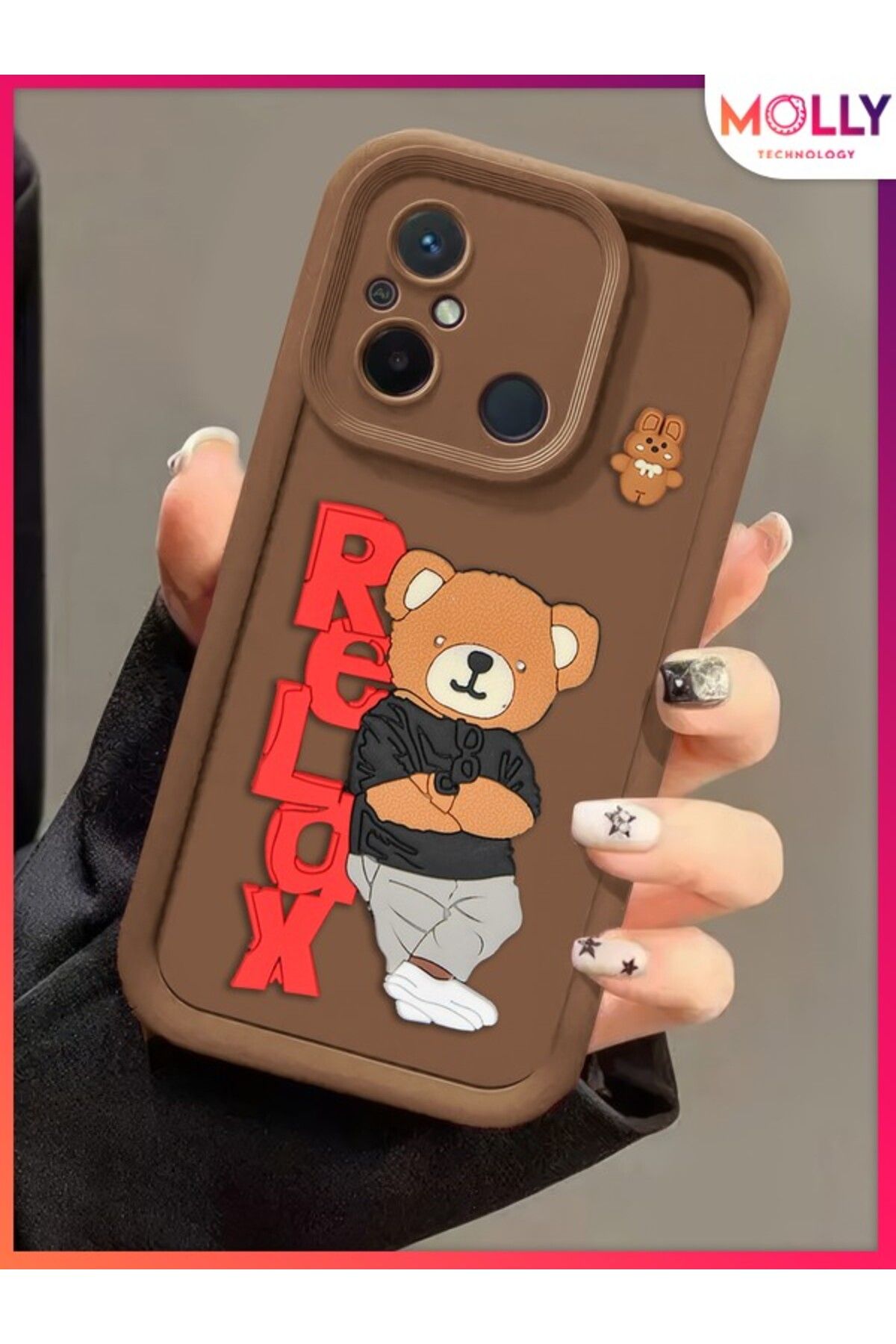 Molly Xiaomi Redmi 12C İçin Fallow Brown Kenarları Kalın 3d Kabartmalı Teddy Bear Silikon Kılıf