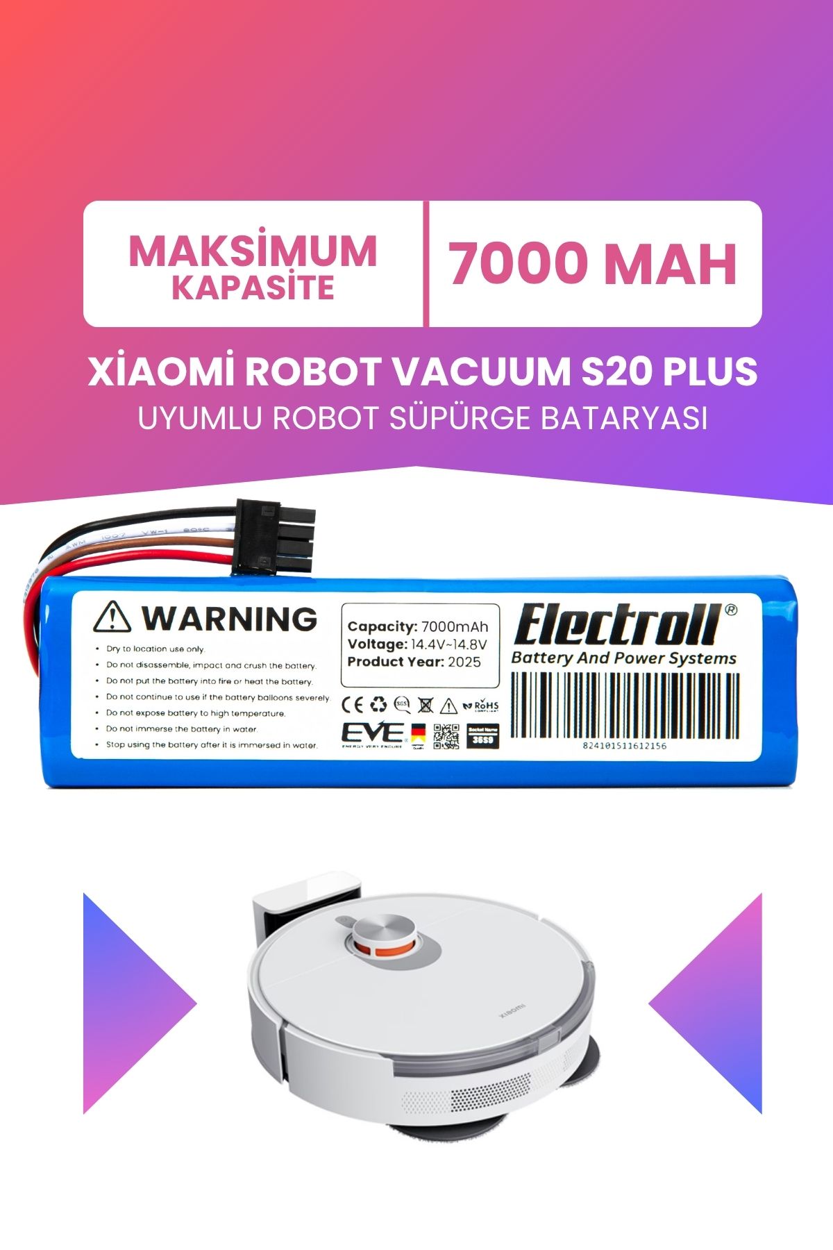 ELECTROLL Xiaomi Robot Vacuum S20 Plus Uyumlu Batarya (MAKSİMUM KAPASİTE) 7000mah Pil Robot Süpürge Bataryası