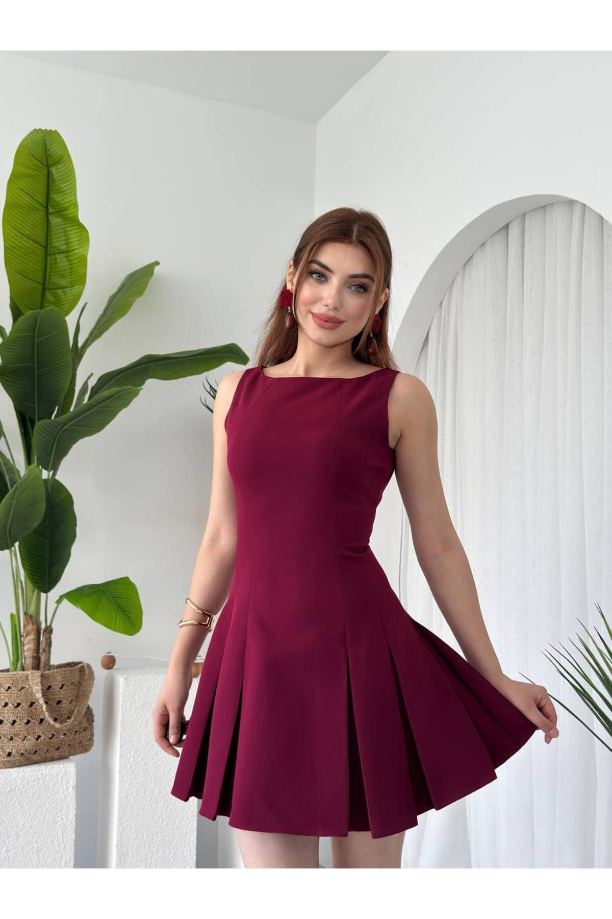 ETİKAFASHION PİLELİ ATLAS KUMAŞ MİNİ ELBİSE
