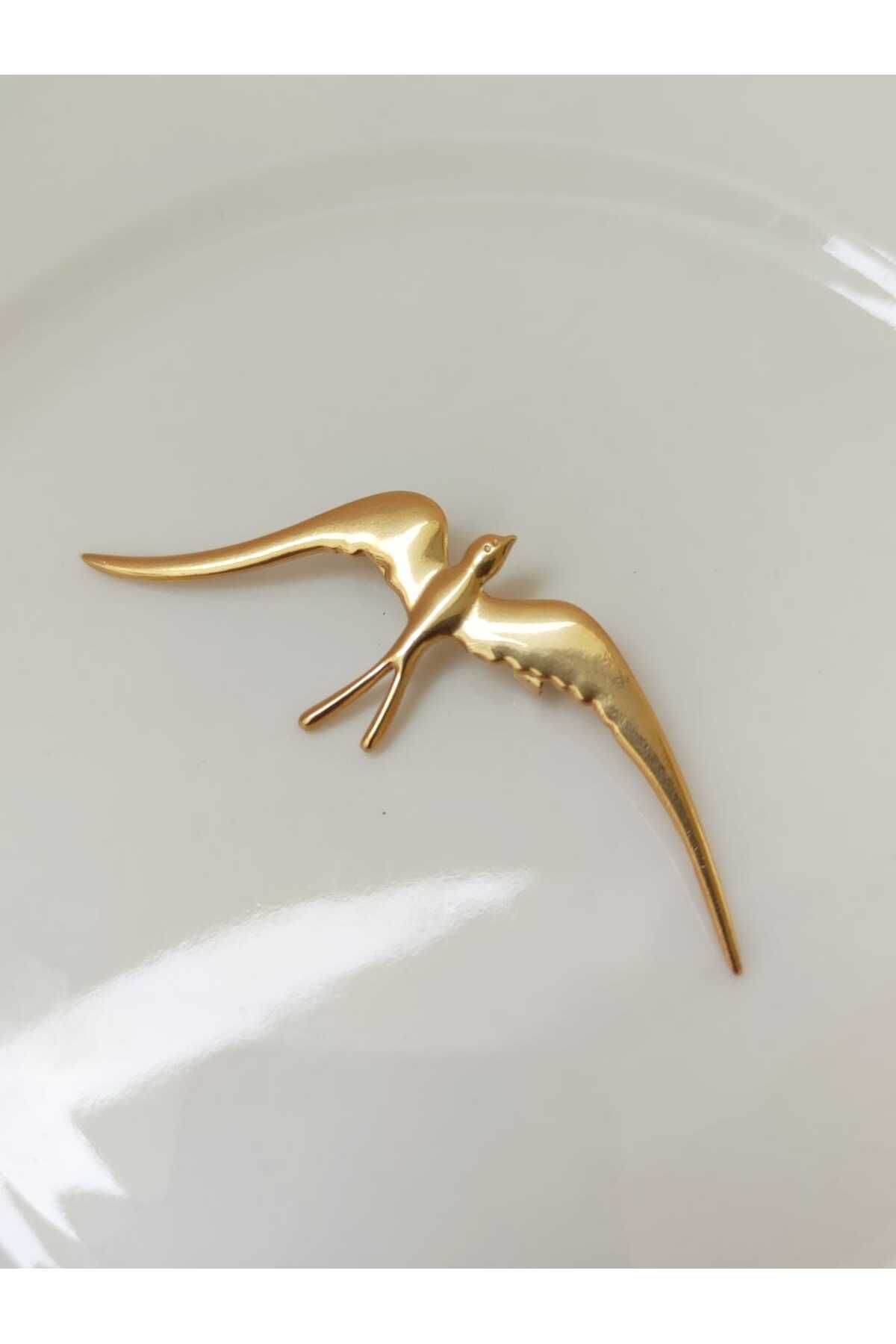 MoS JEWELLERY Gold Renk Uçan Kuş Figürlü Zarif Broş - Paslanmaz Çelik