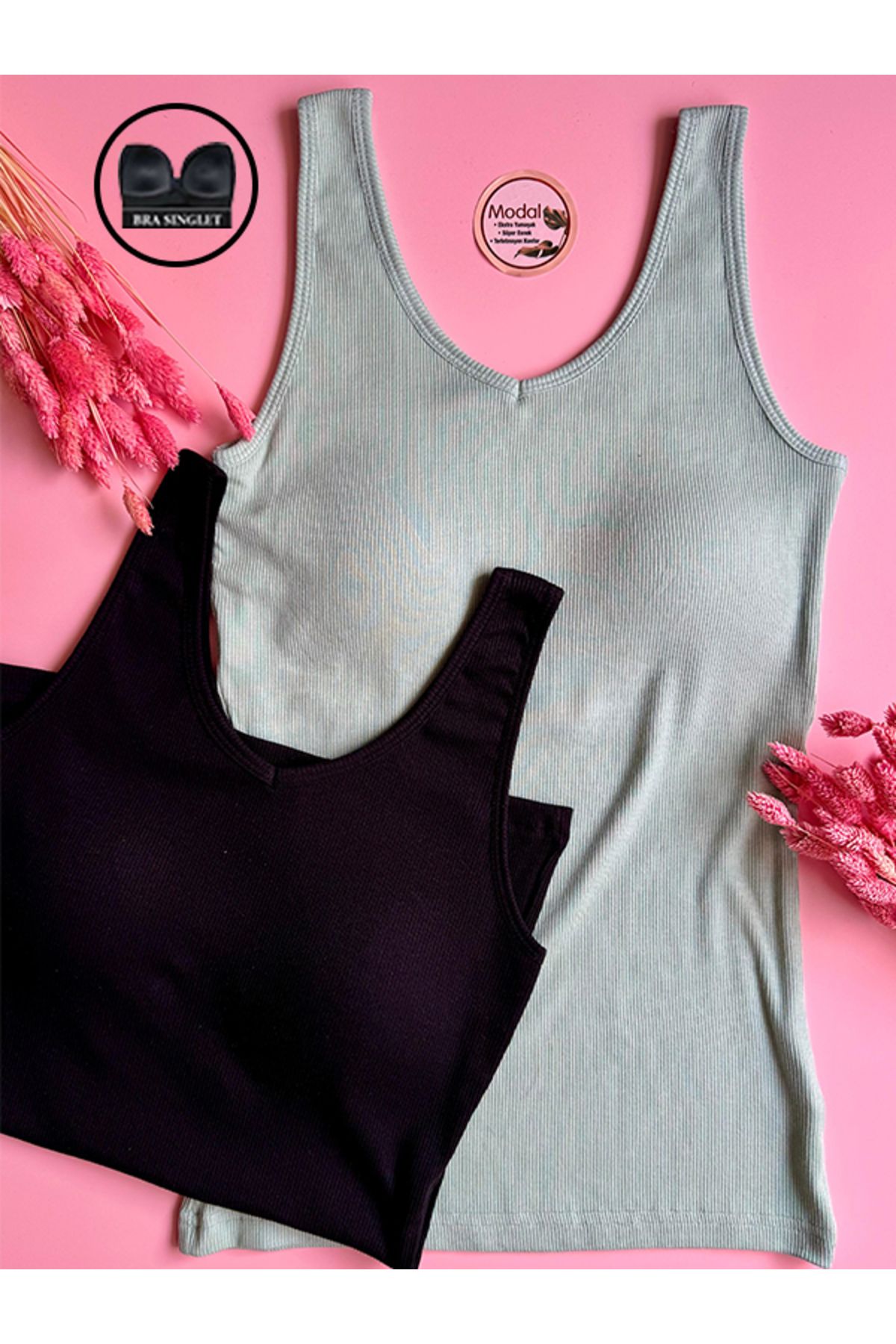 Elosia Chic Drape | Modal 2'li V Yaka Sütyenli Kaşkorse Kadın Atlet-Bluz