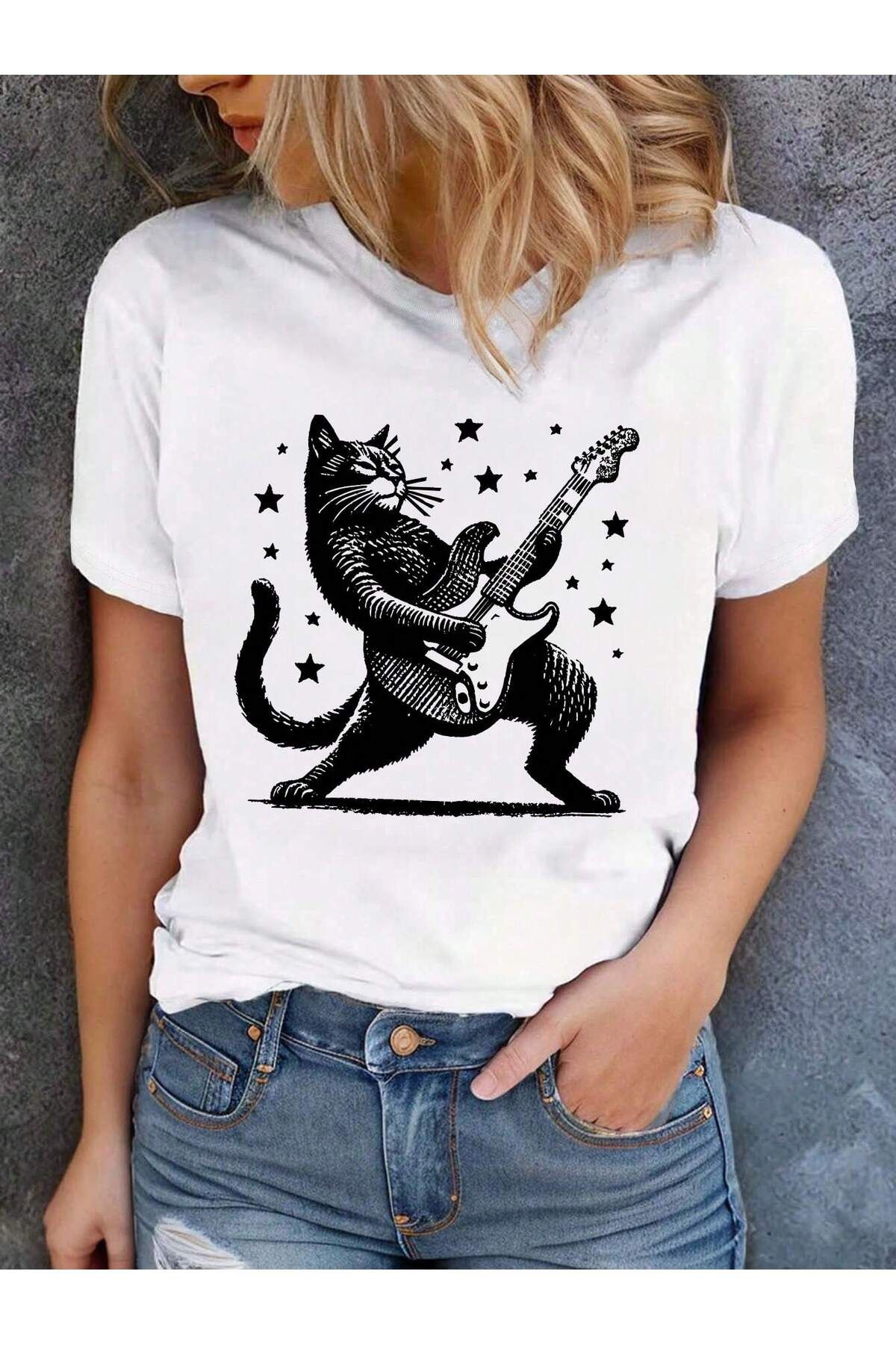 Velostra Unisex Gitarist kedi baskılı Penye Oversize T-shirt