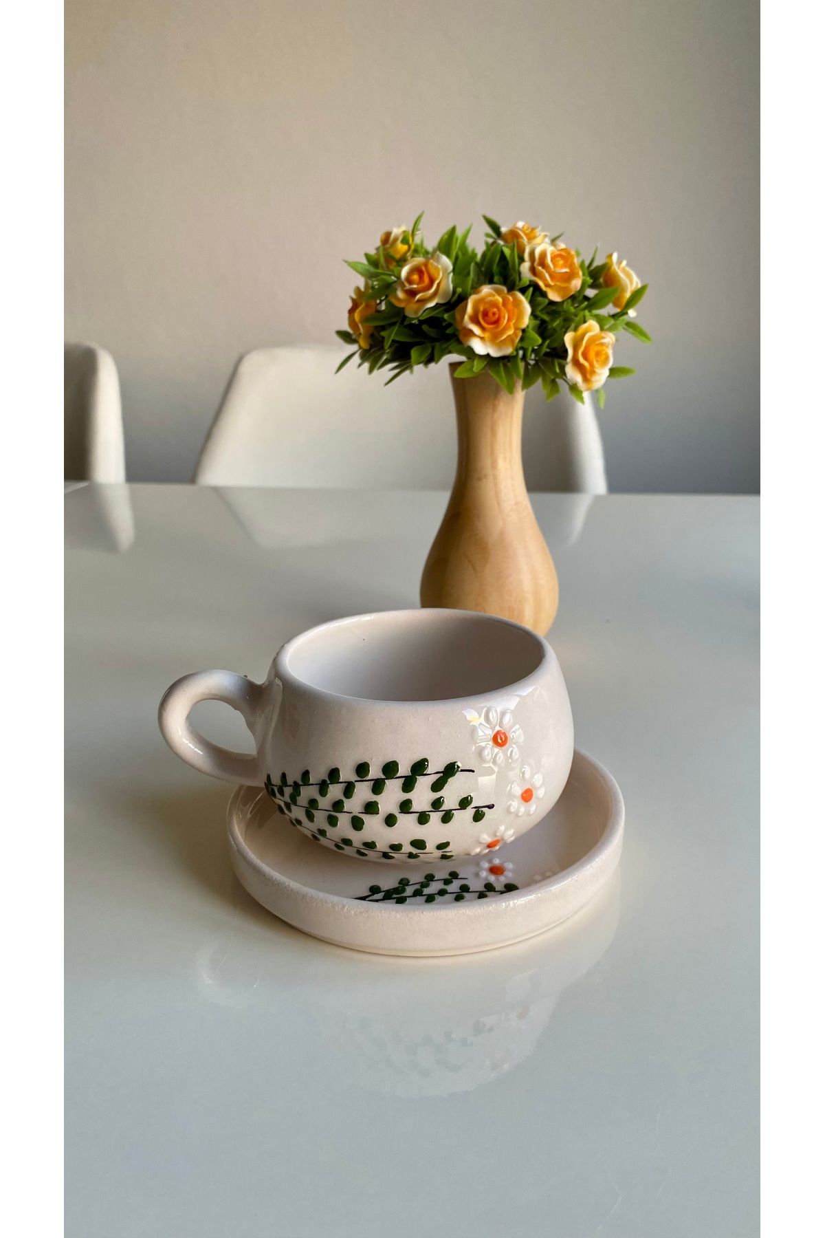 SLH Papatya Desenli Tabaklı Fincan/Kupa/Mug